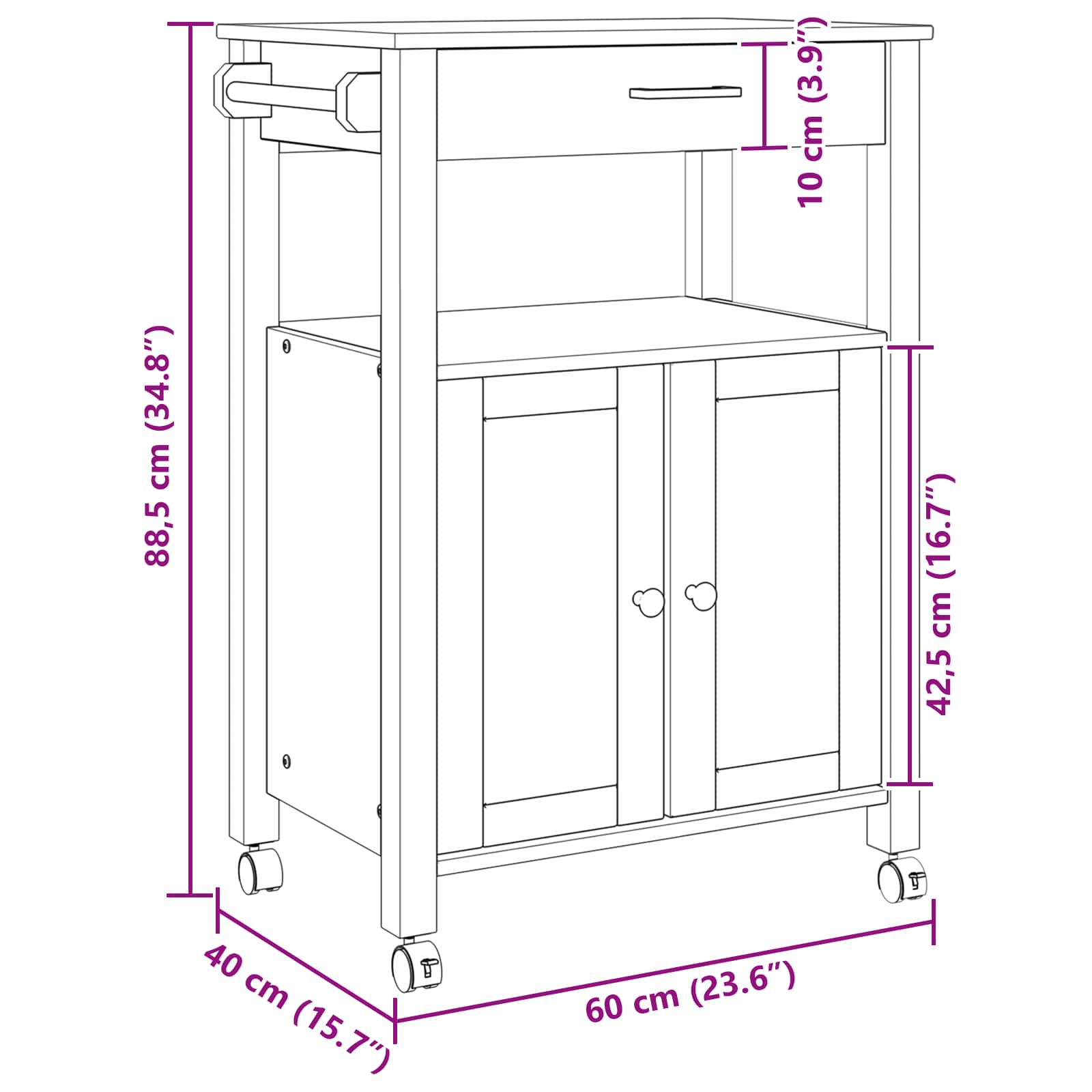 Keuken Trolley Zwart 88,5 x 40 x 60 cm Massief Vurenhout is nu te koop bij PeponiXL, paradijselijk wonen!