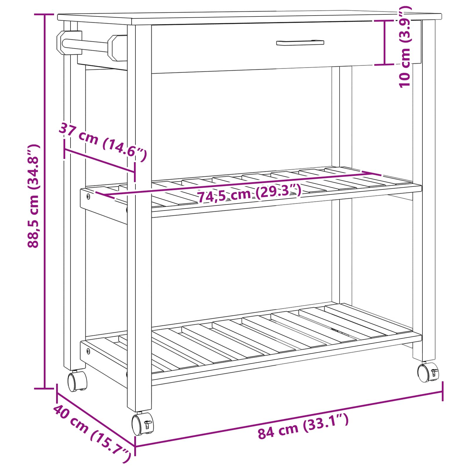 Keuken Trolley MONZA Zwart 84 x 40 x 88,5 cm Massief Vurenhout is nu te koop bij PeponiXL, paradijselijk wonen!