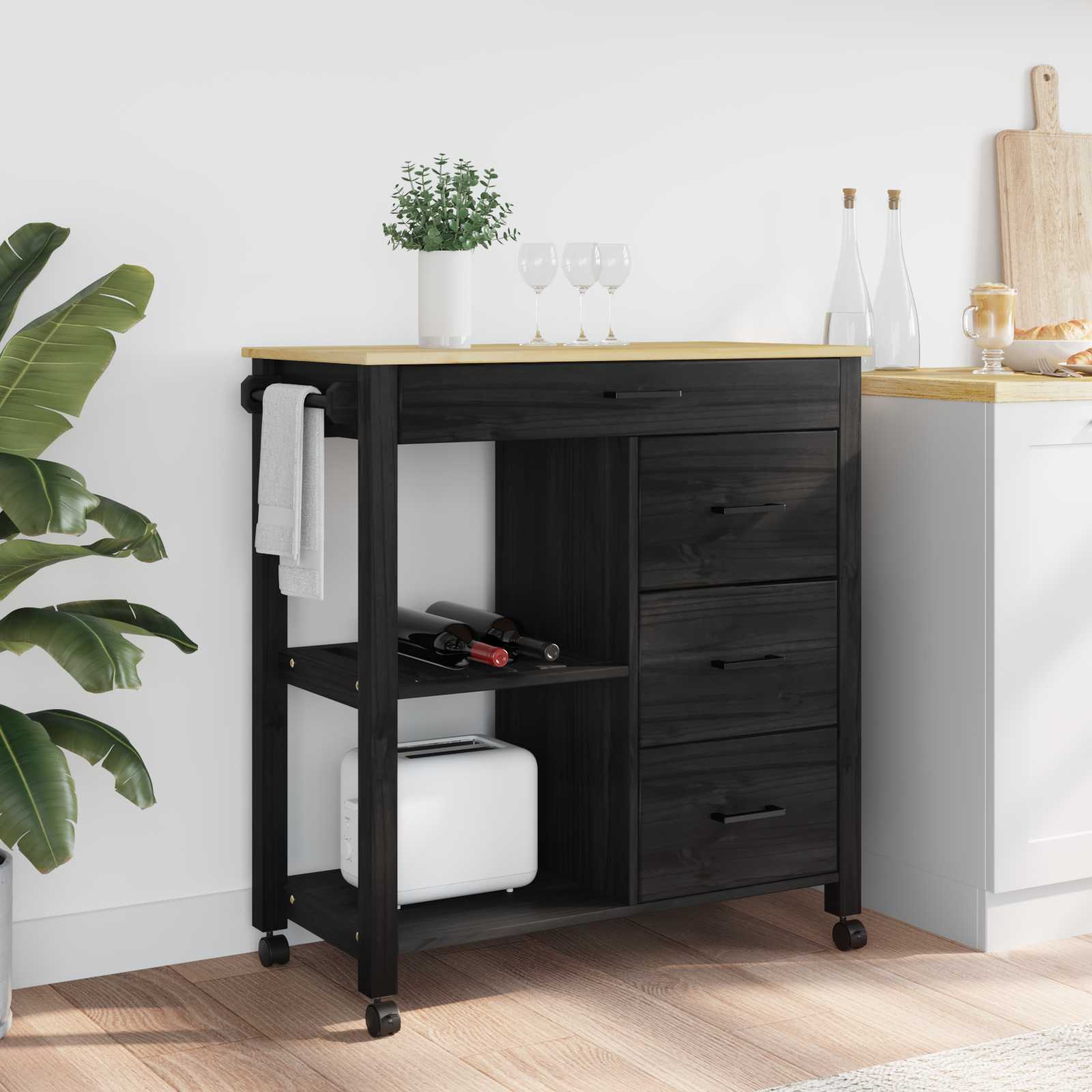 Keuken Trolley MONZA Zwart 84 x 40 x 88,5 cm Massief Vurenhout is nu te koop bij PeponiXL, paradijselijk wonen!