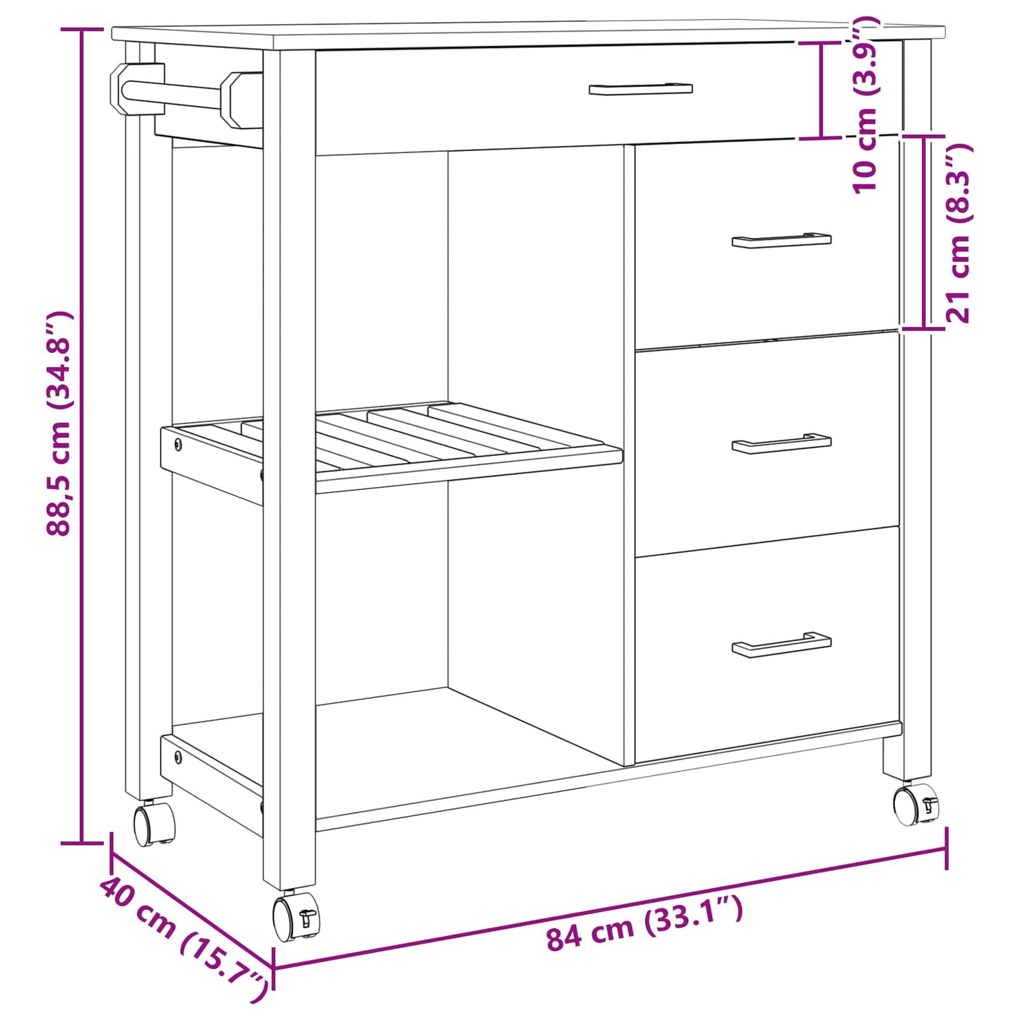 Keuken Trolley MONZA Zwart 84 x 40 x 88,5 cm Massief Vurenhout is nu te koop bij PeponiXL, paradijselijk wonen!