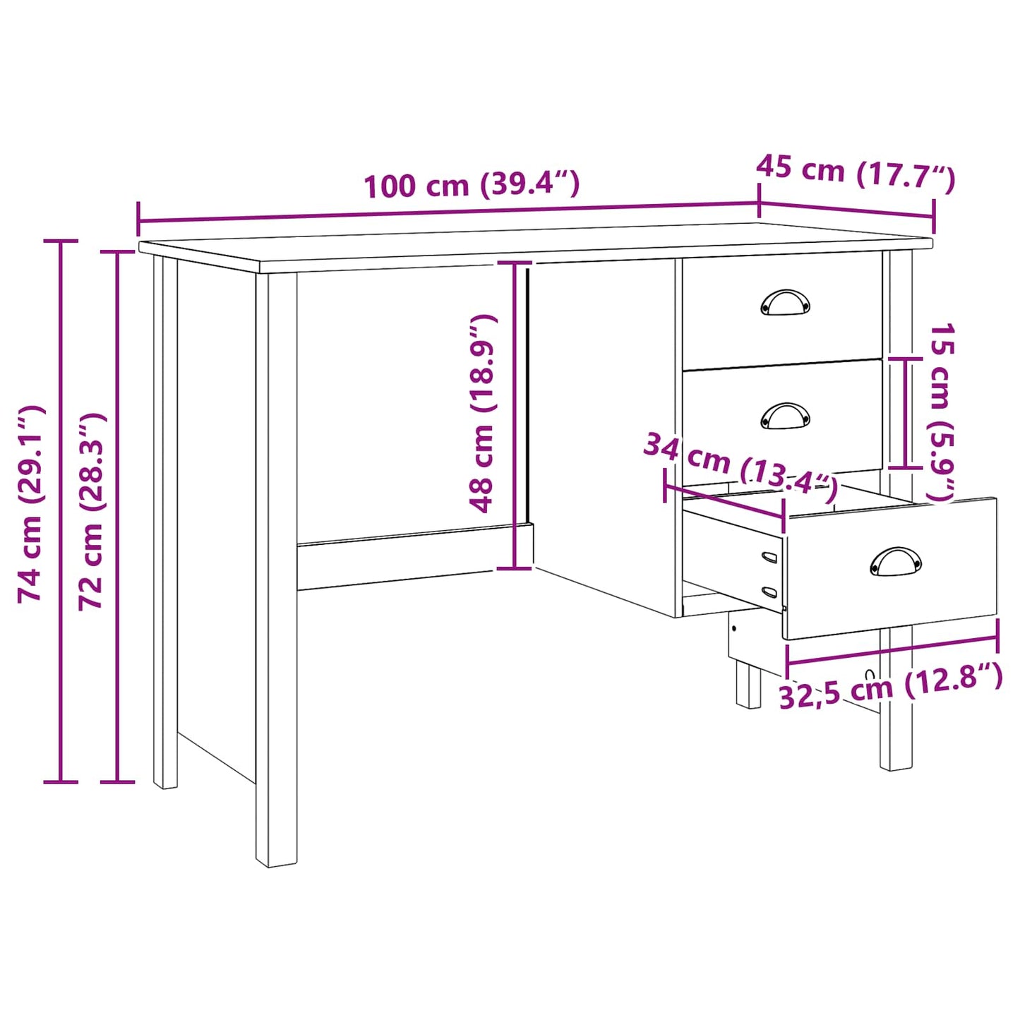 Bureau met lades Wit 100 x 45 x 74 cm Massief Vurenhout is nu te koop bij PeponiXL, paradijselijk wonen!