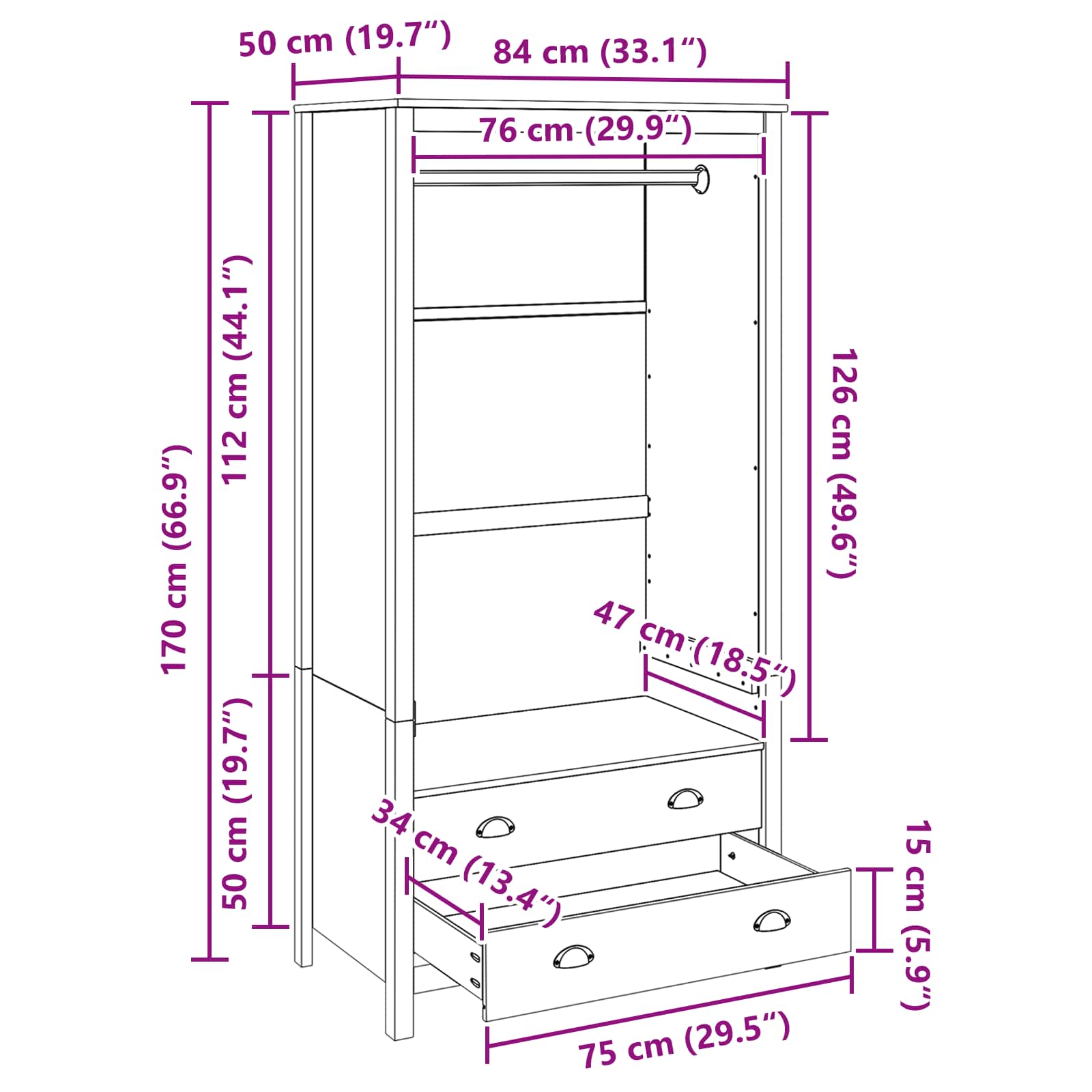 Kledingkast Honingbruin 84 x 50 x 170 cm Massief Vurenhout is nu te koop bij PeponiXL, paradijselijk wonen!
