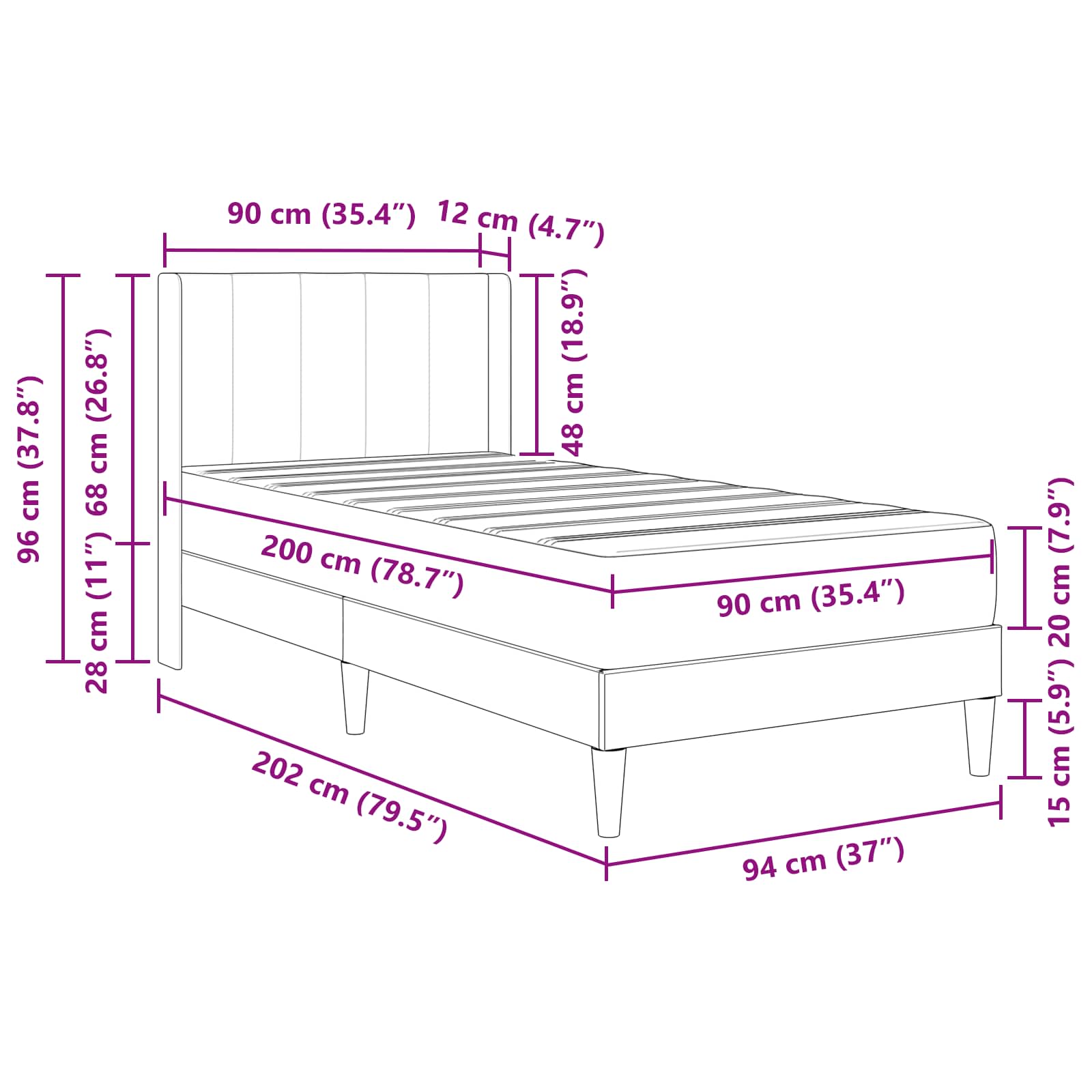 Bedframe met matras met hoofdeinde Blauw 90 x 200 cm Fluweel is nu te koop bij PeponiXL, paradijselijk wonen!
