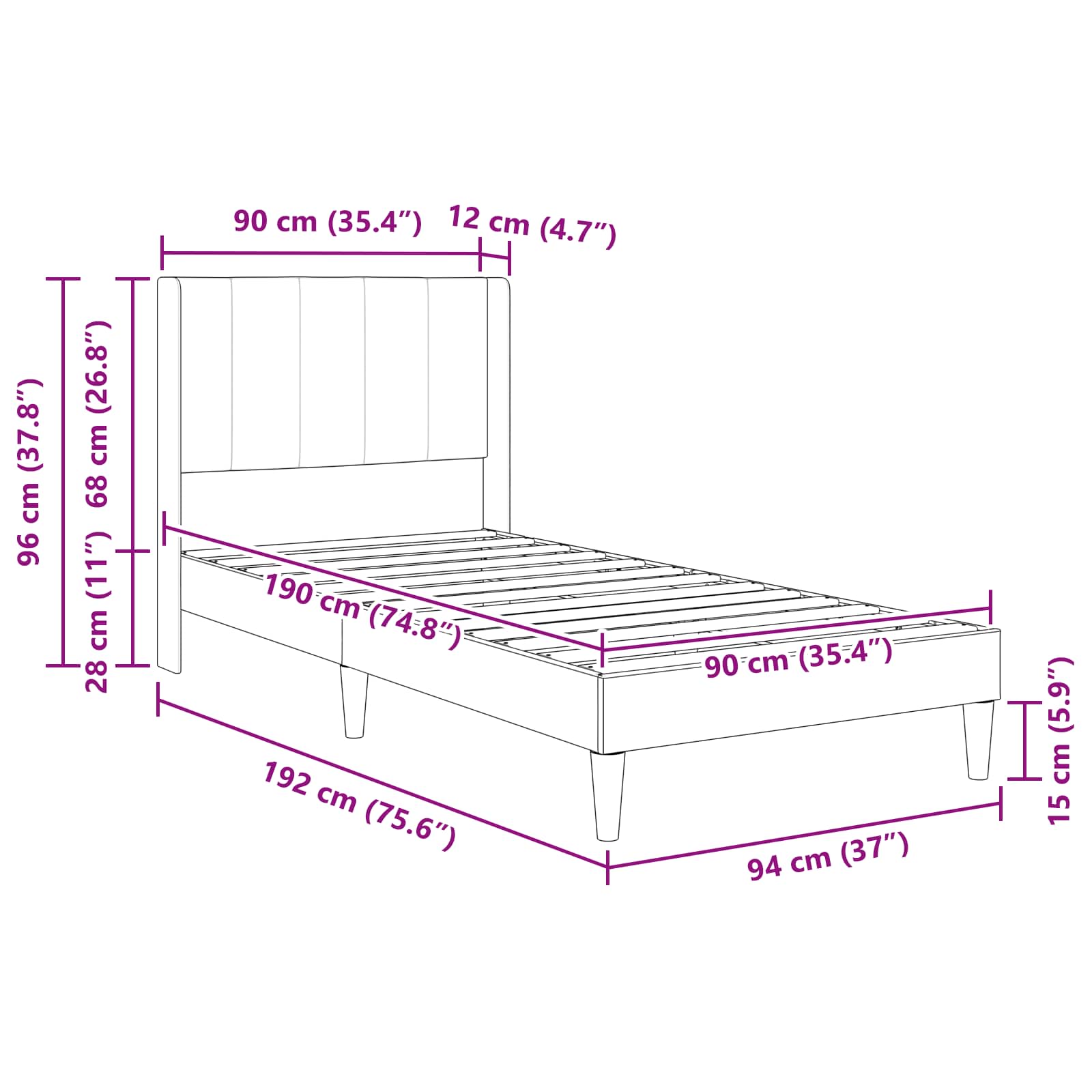 Bedframe met matras met hoofdeinde Zwart 90 x 190 cm Fluweel is nu te koop bij PeponiXL, paradijselijk wonen!