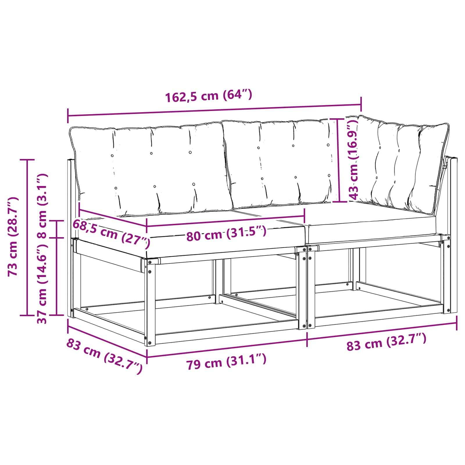 Sectie Sofa Eenheden met kussen Wit 162,5 x 83 x 73 cm is nu te koop bij PeponiXL, paradijselijk wonen!