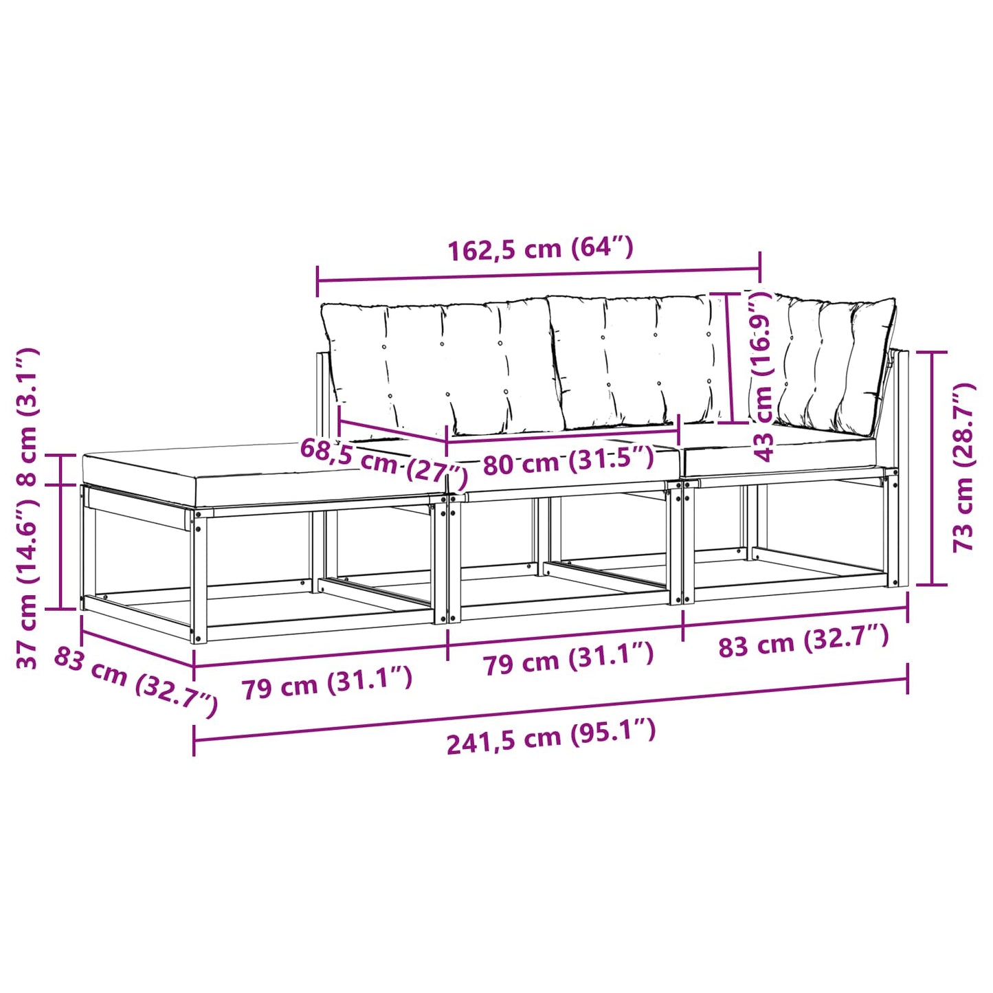Sectie Sofa Eenheden met kussen Wit 241,5 x 83 x 73 cm is nu te koop bij PeponiXL, paradijselijk wonen!