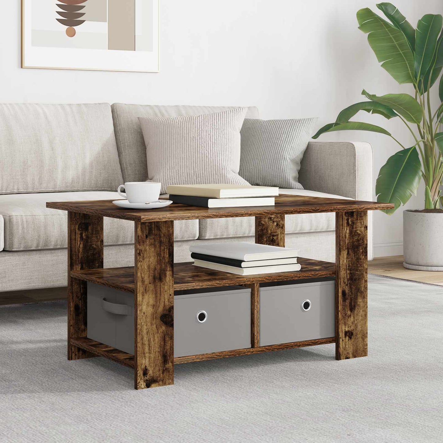 Salontafel met lade Gerookt eiken 77 x 55 x 42 cm Bewerkt hout is nu te koop bij PeponiXL, paradijselijk wonen!