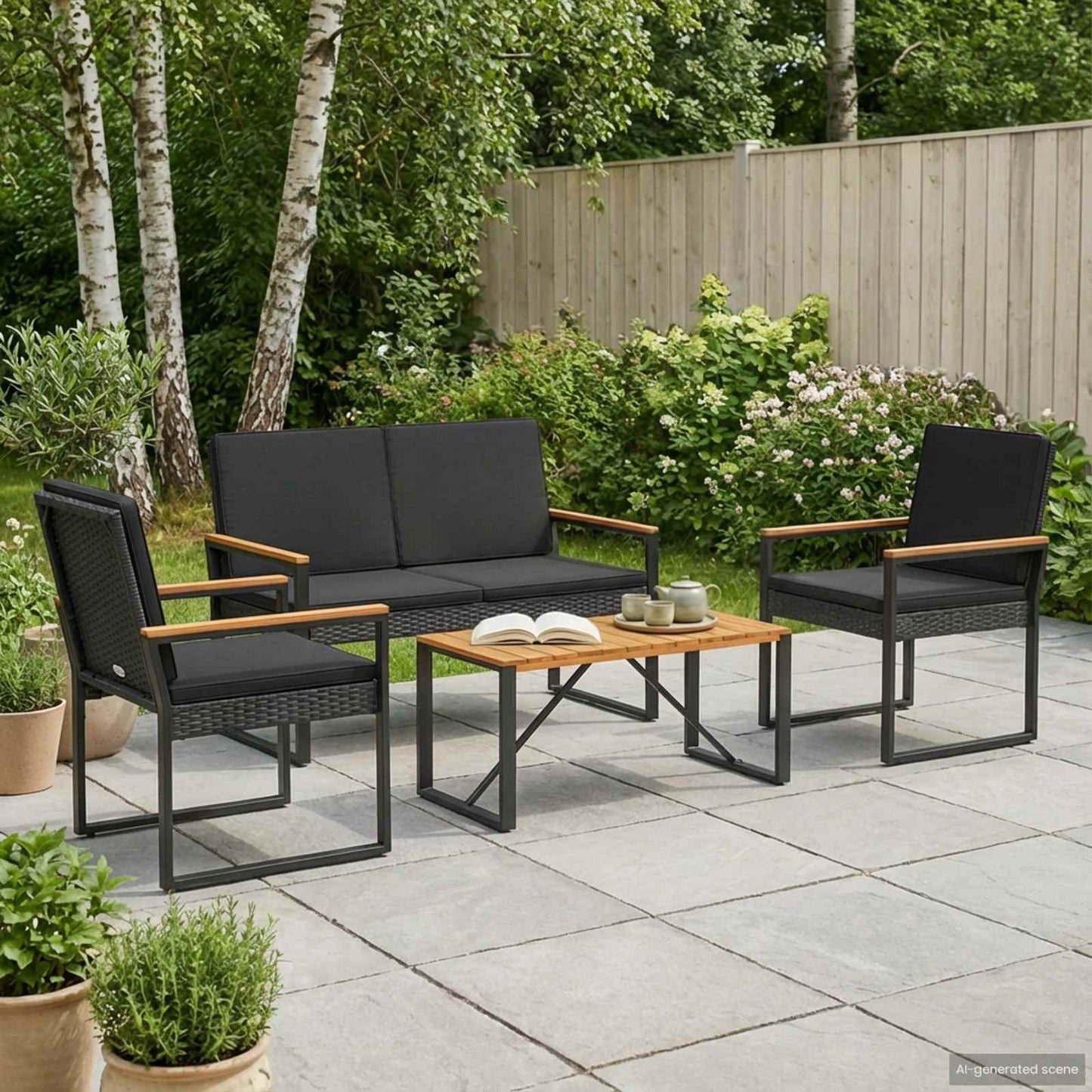 Buitenmeubelset met kussen 4 pcs Zwart poly rattan is nu te koop bij PeponiXL, paradijselijk wonen!