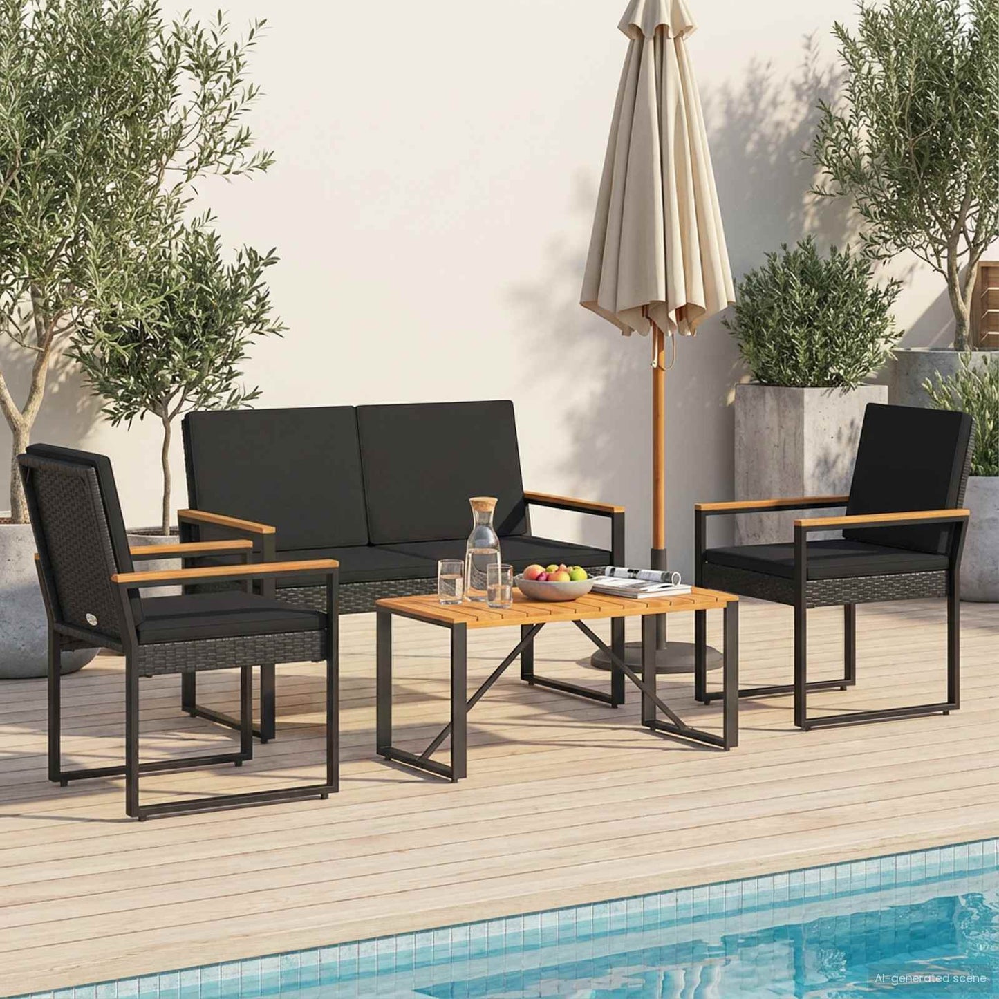 Buitenmeubelset met kussen 4 pcs Zwart poly rattan is nu te koop bij PeponiXL, paradijselijk wonen!