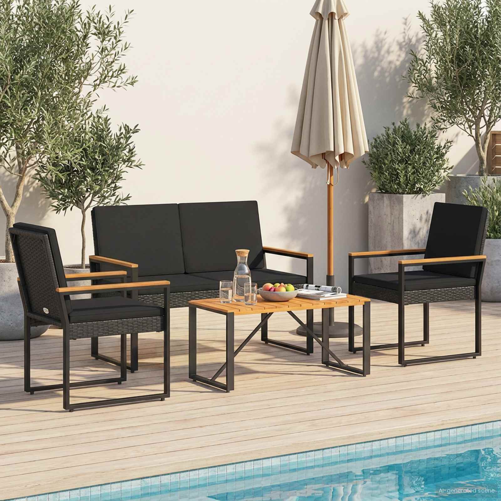 Buitenmeubelset met kussen 4 pcs Zwart poly rattan is nu te koop bij PeponiXL, paradijselijk wonen!