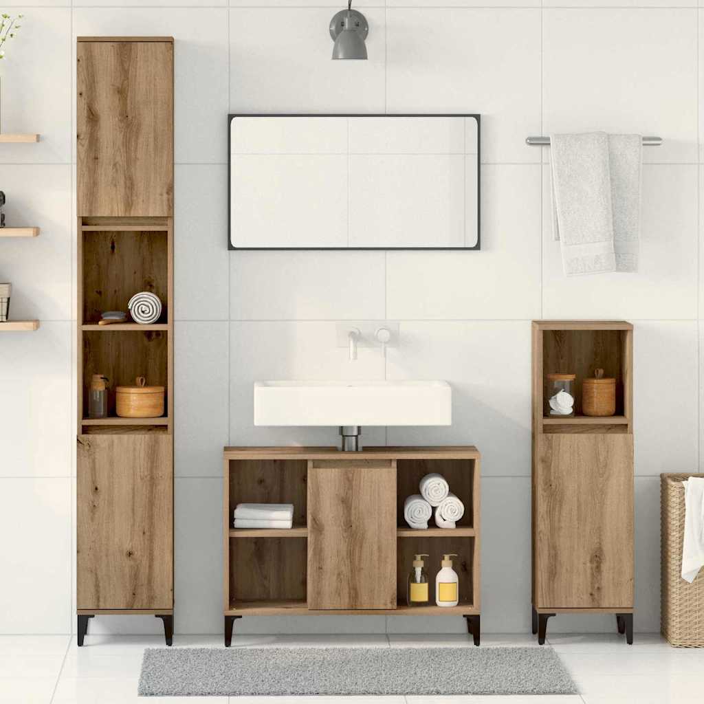Badkamermeubelset met plank 3 pcs Artisan Eiken Bewerkt hout is nu te koop bij PeponiXL, paradijselijk wonen!