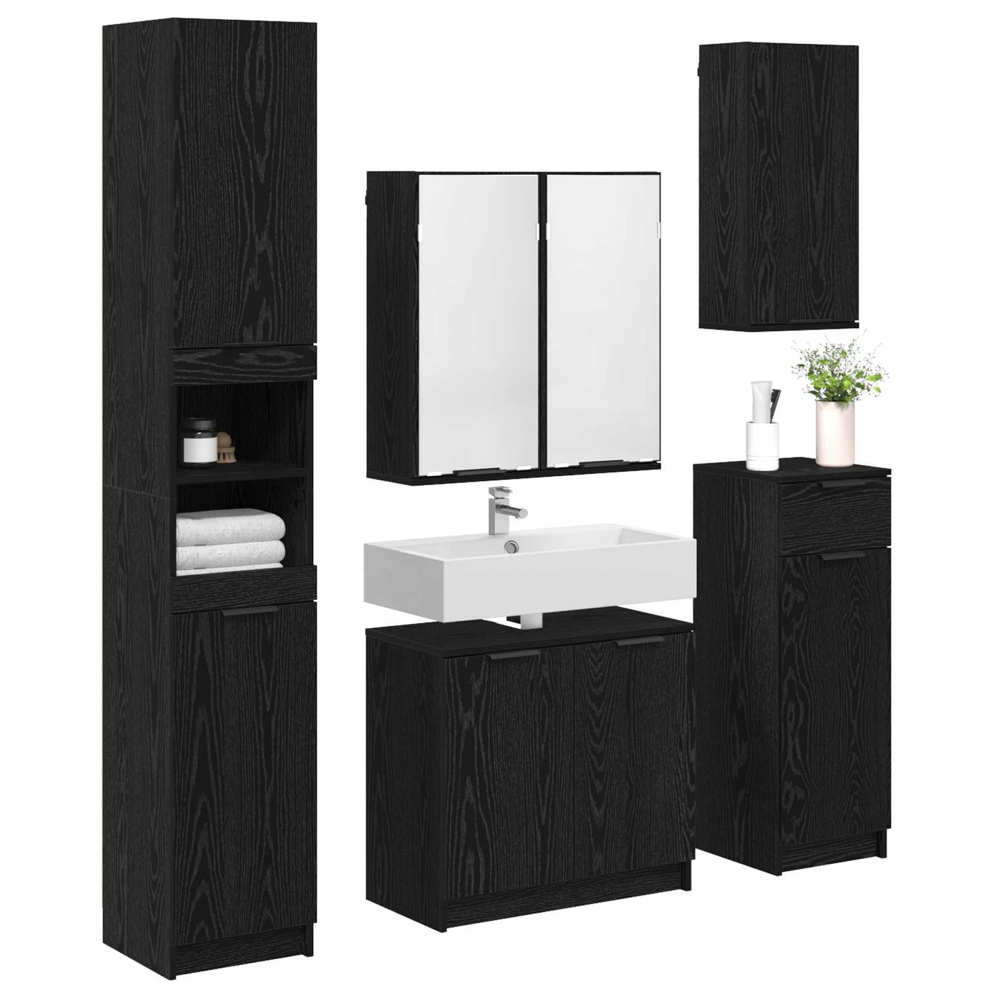 Badkamermeubelset met lade 5 pcs Zwart Eiken Bewerkt hout is nu te koop bij PeponiXL, paradijselijk wonen!