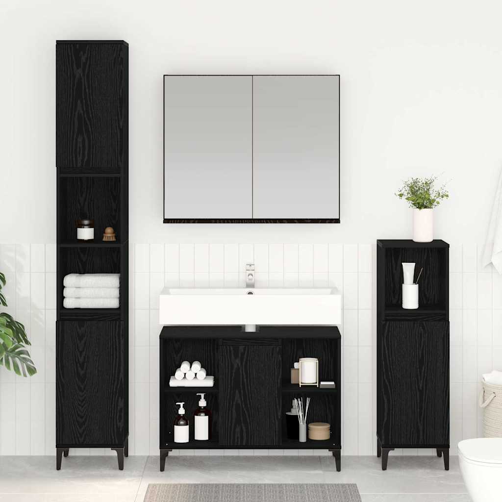 Badkamermeubelset met plank 3 stuks Zwart eiken Bewerkt hout is nu te koop bij PeponiXL, paradijselijk wonen!