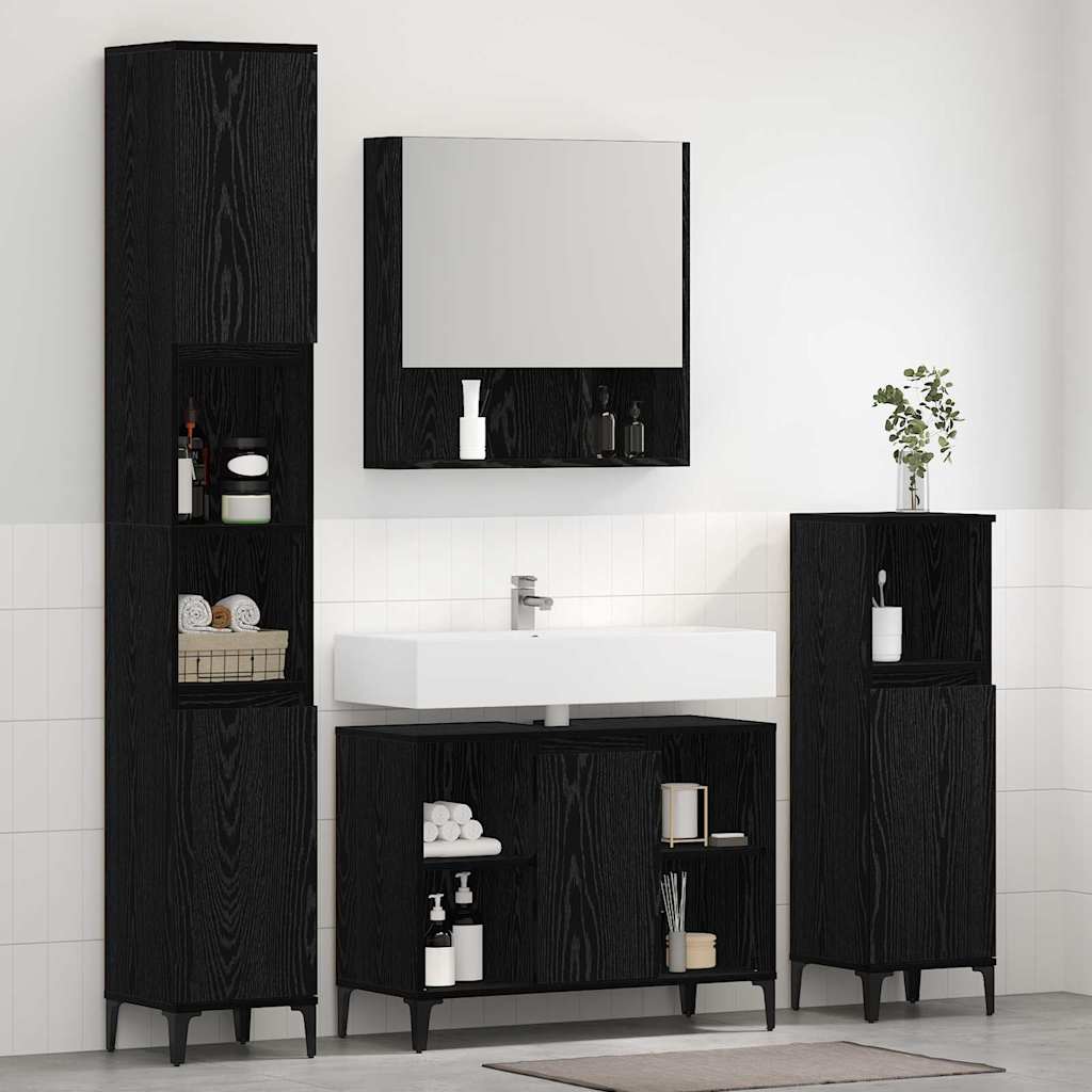 Badkamermeubelset met plank 3 stuks Zwart eiken Bewerkt hout is nu te koop bij PeponiXL, paradijselijk wonen!