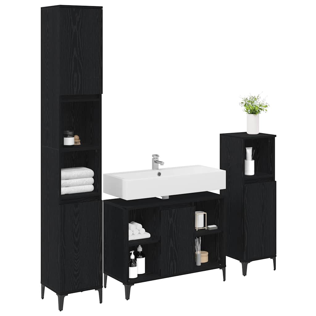 Badkamermeubelset met plank 3 stuks Zwart eiken Bewerkt hout is nu te koop bij PeponiXL, paradijselijk wonen!