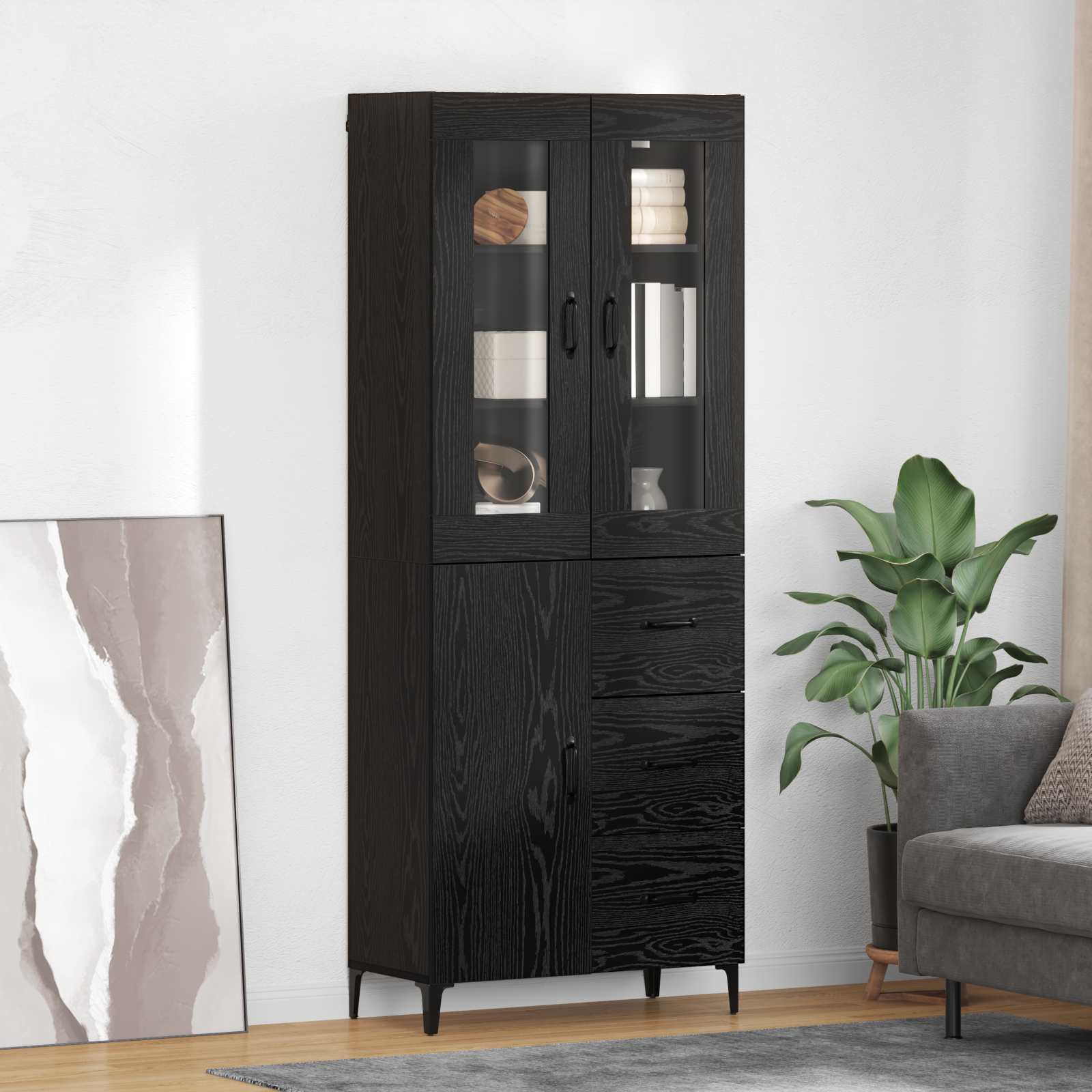 Highboard met lade Zwart Eiken 69,5 x 34 x 180 cm Bewerkt hout is nu te koop bij PeponiXL, paradijselijk wonen!