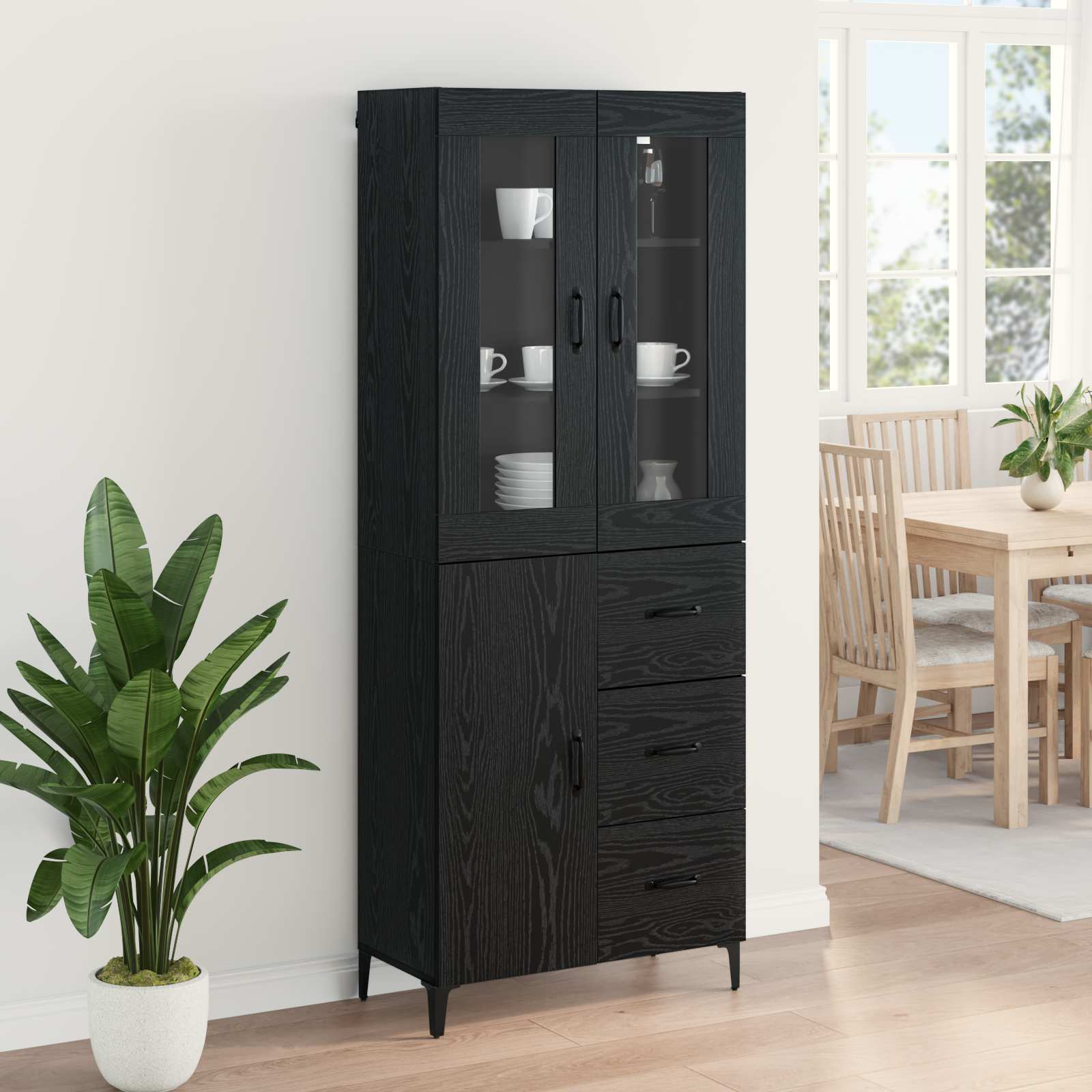 Highboard met lade Zwart Eiken 69,5 x 34 x 180 cm Bewerkt hout is nu te koop bij PeponiXL, paradijselijk wonen!