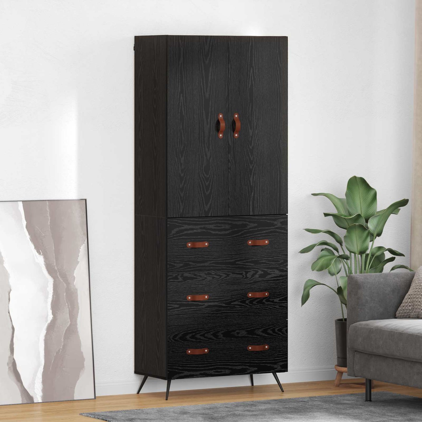 Highboard met lade Zwart Eiken 69,5 x 34 x 180 cm Bewerkt hout is nu te koop bij PeponiXL, paradijselijk wonen!
