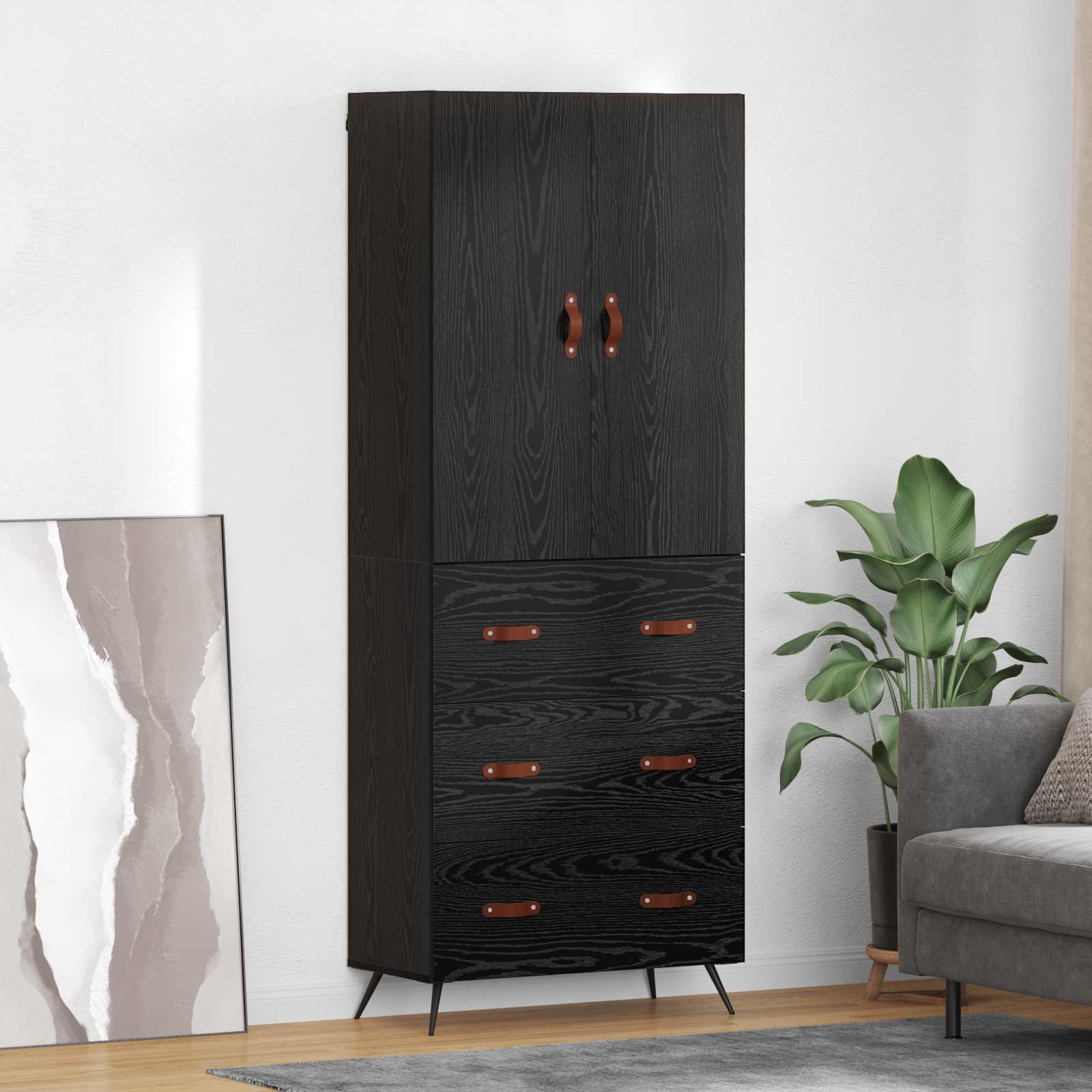 Highboard met lade Zwart Eiken 69,5 x 34 x 180 cm Bewerkt hout is nu te koop bij PeponiXL, paradijselijk wonen!