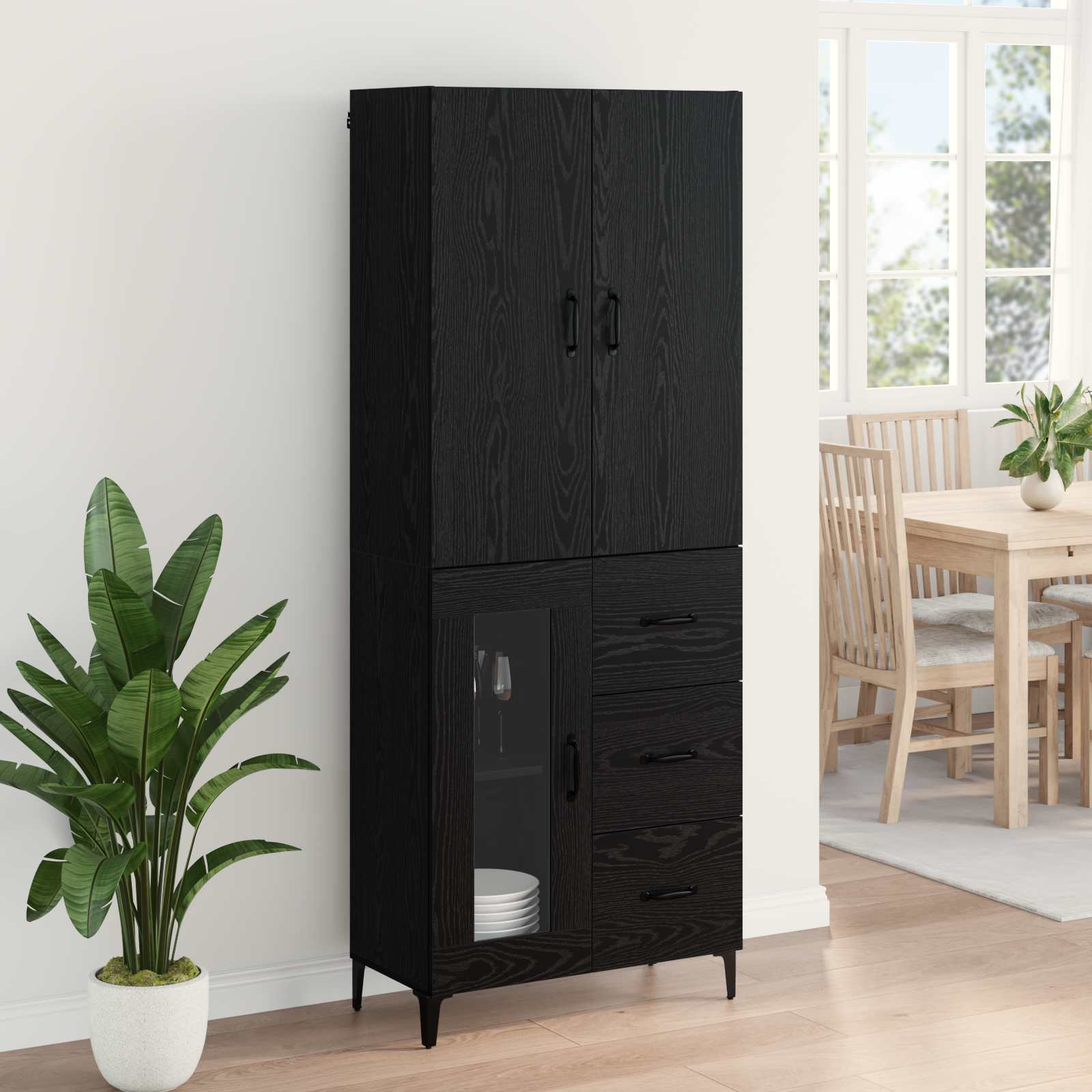 Highboard met lade Zwart Eiken 69,5 x 34 x 180 cm Bewerkt hout is nu te koop bij PeponiXL, paradijselijk wonen!