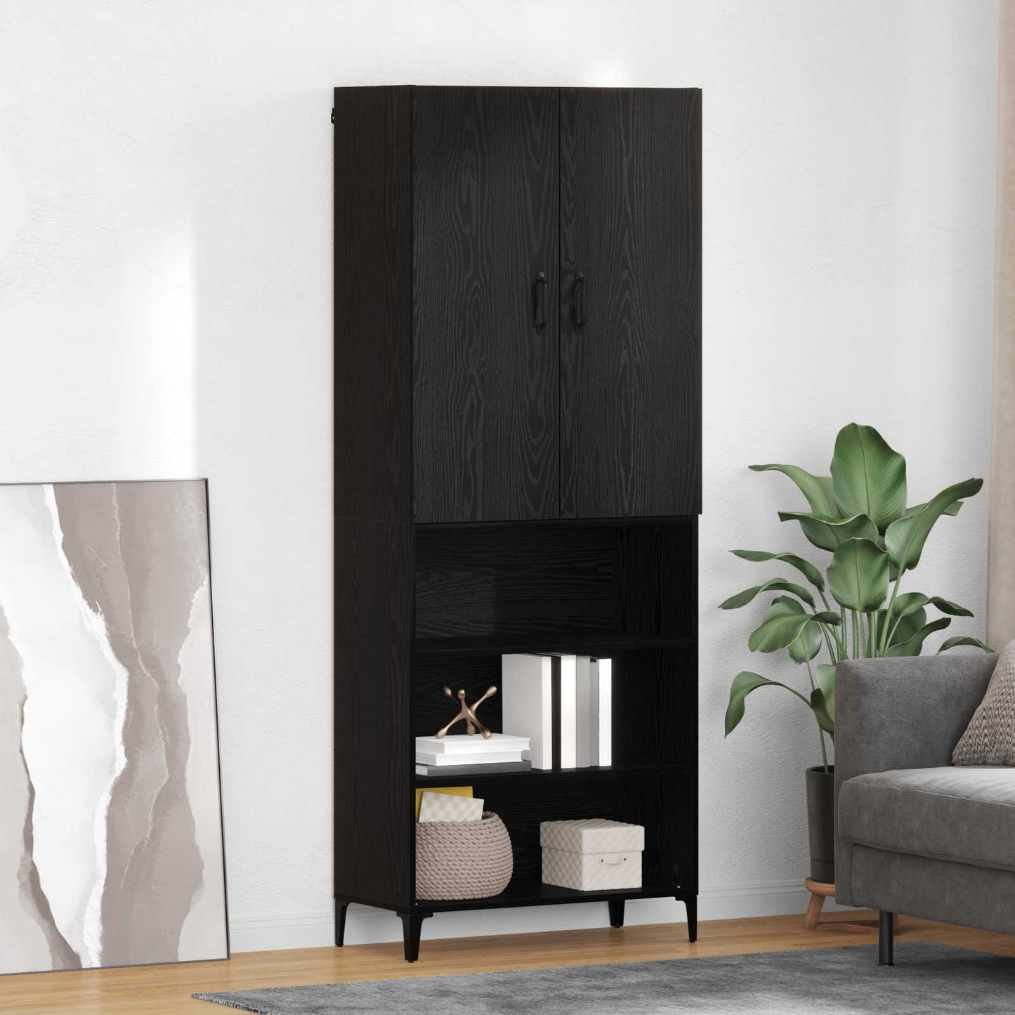 Highboard Zwart Eiken 69,5 x 34 x 180 cm Bewerkt hout is nu te koop bij PeponiXL, paradijselijk wonen!