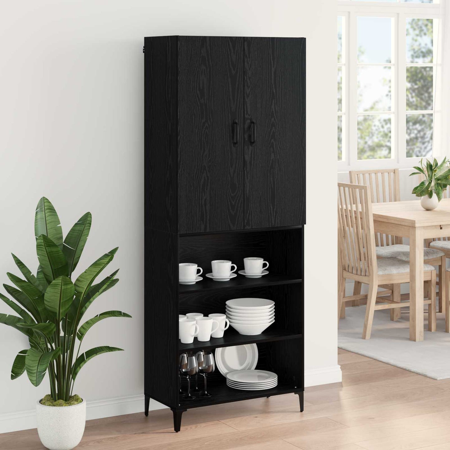 Highboard Zwart Eiken 69,5 x 34 x 180 cm Bewerkt hout is nu te koop bij PeponiXL, paradijselijk wonen!