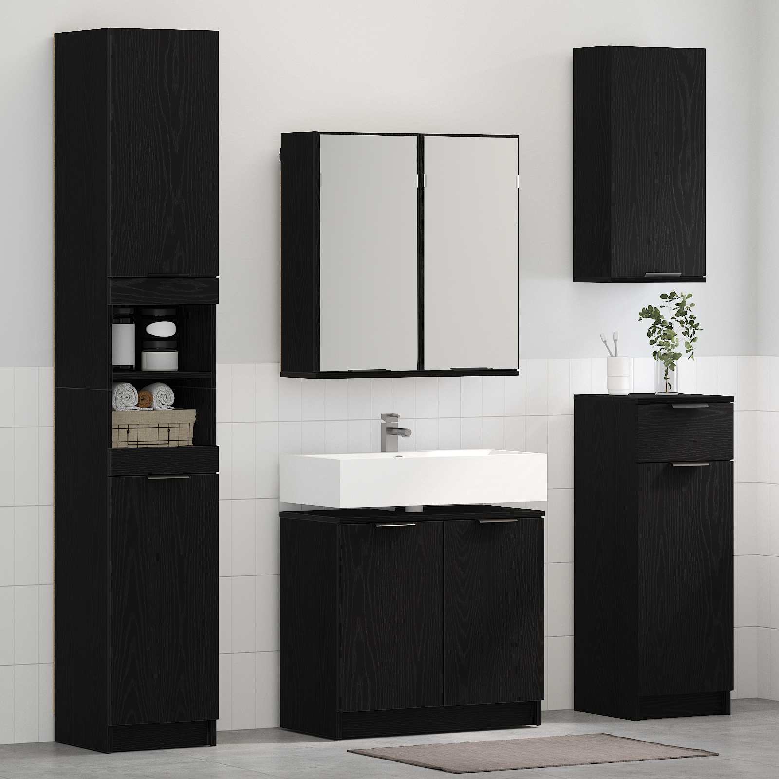 Badkamermeubelset met lade 4 pcs Zwart Eiken Bewerkt hout is nu te koop bij PeponiXL, paradijselijk wonen!