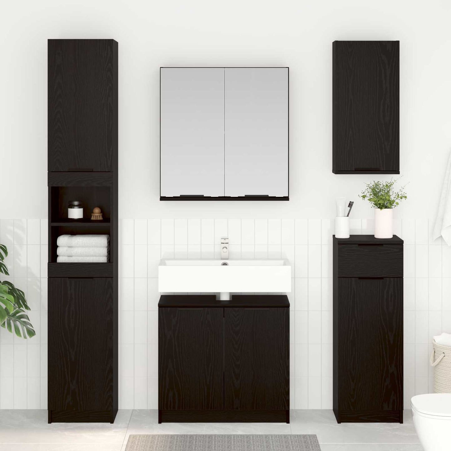 Badkamermeubelset met lade 4 pcs Zwart Eiken Bewerkt hout is nu te koop bij PeponiXL, paradijselijk wonen!