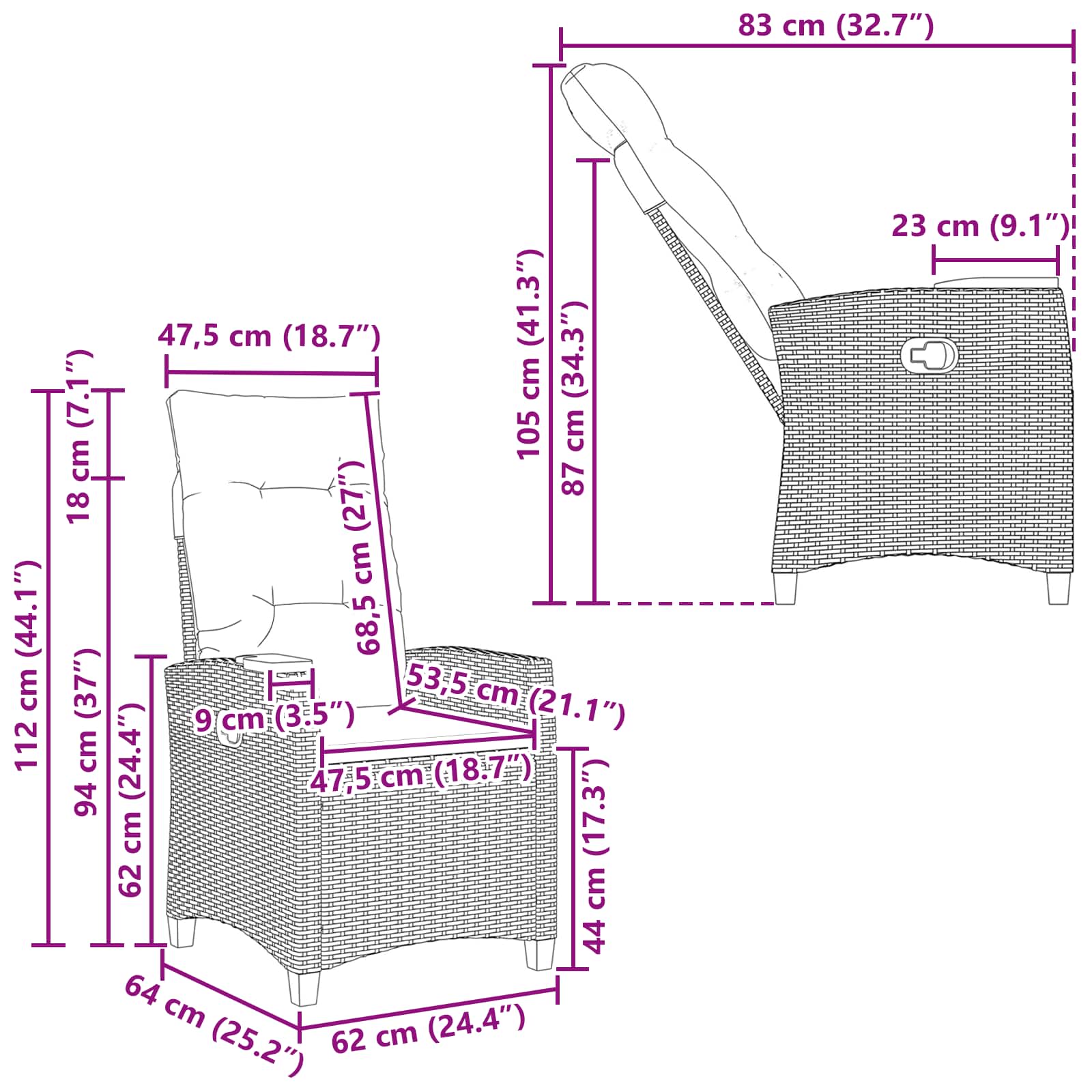 Verstelbare stoel met theeplaat 62 x 64 x 112 cm poly rattan is nu te koop bij PeponiXL, paradijselijk wonen!