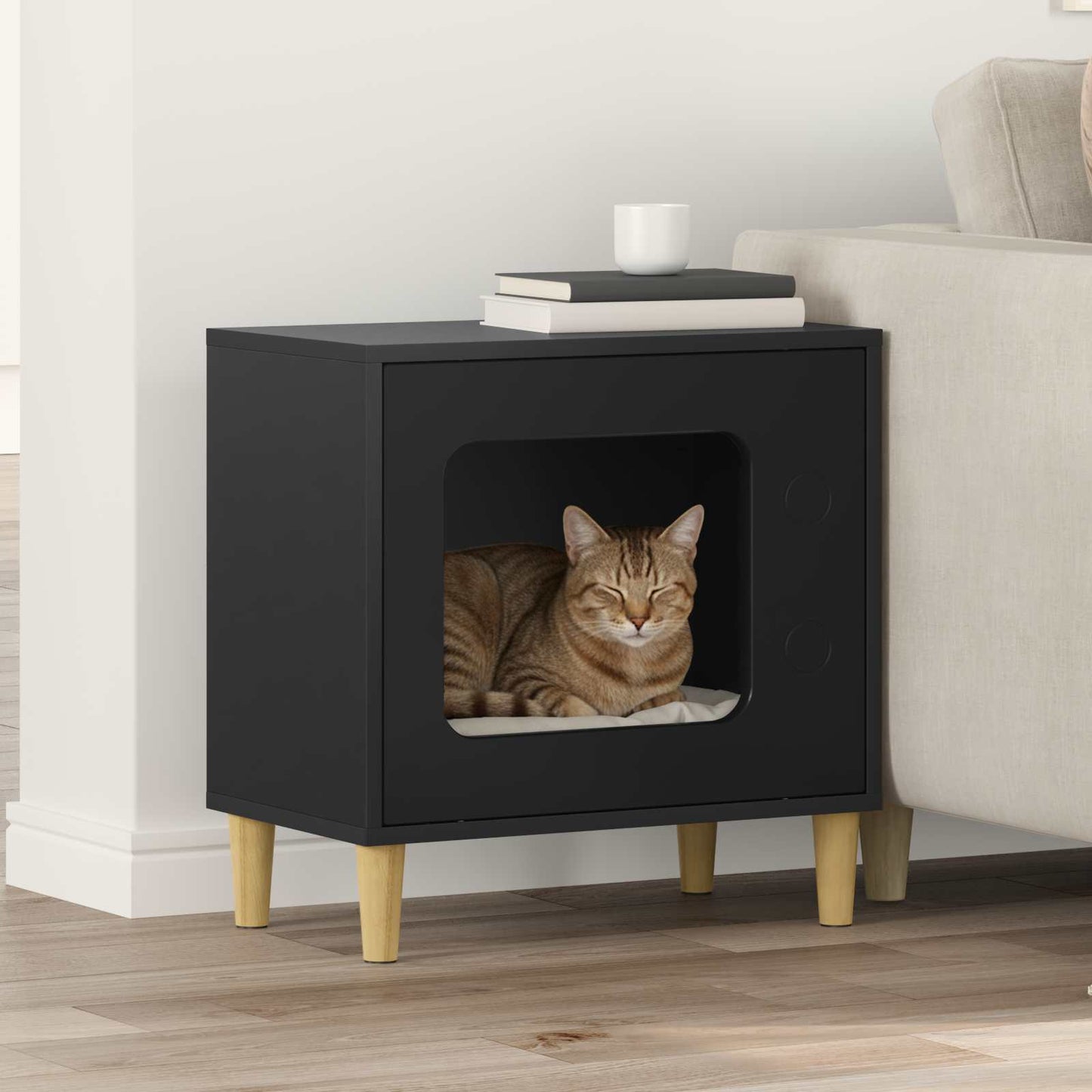 Kattenhuis Zwart 51 x 30 x 52 cm Bewerkt hout is nu te koop bij PeponiXL, paradijselijk wonen!