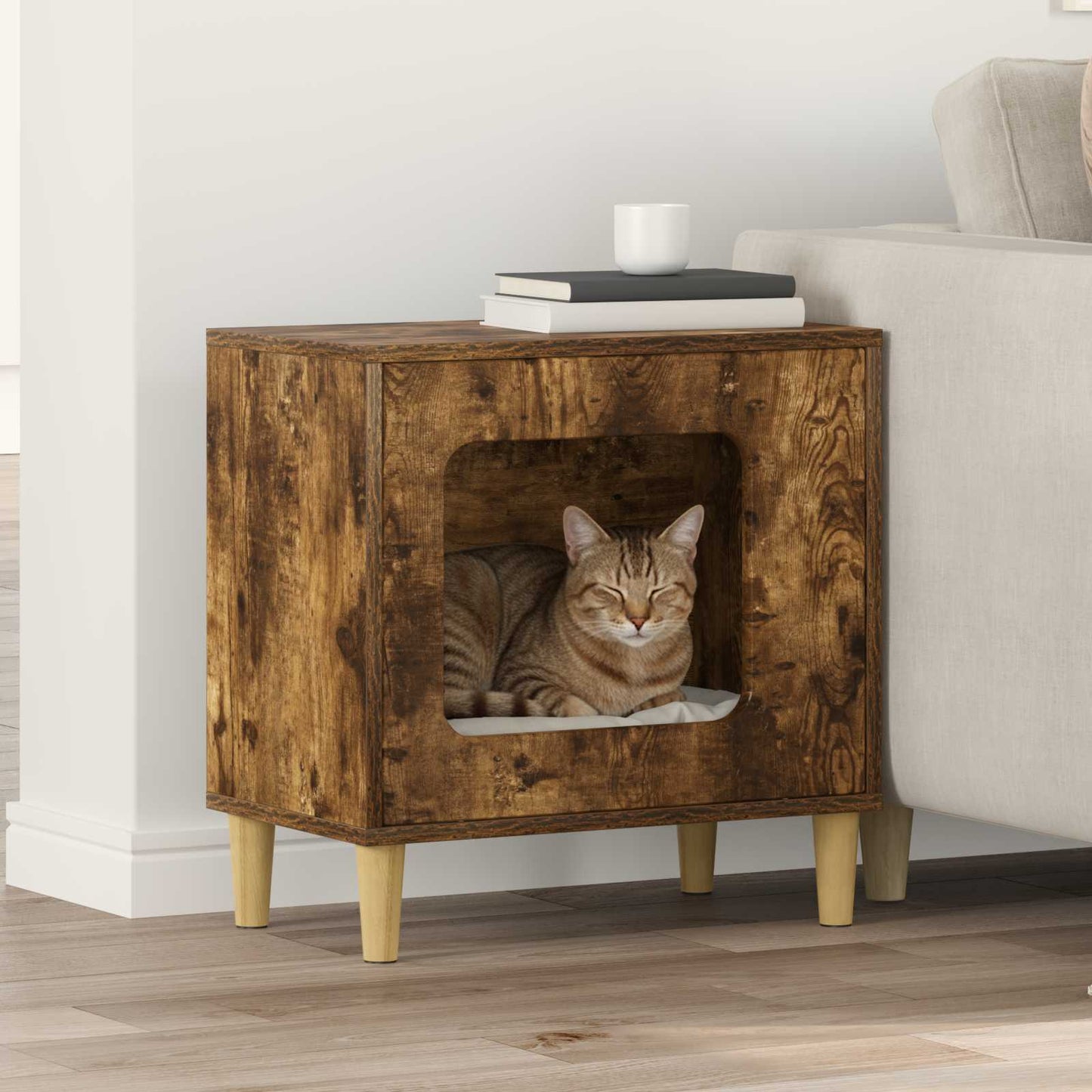 Kattenhuis Gerookt eiken 51 x 30 x 52 cm Bewerkt hout is nu te koop bij PeponiXL, paradijselijk wonen!