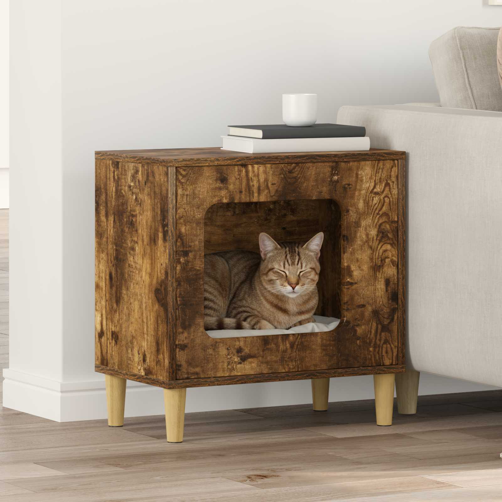 Kattenhuis Gerookt eiken 51 x 30 x 52 cm Bewerkt hout is nu te koop bij PeponiXL, paradijselijk wonen!