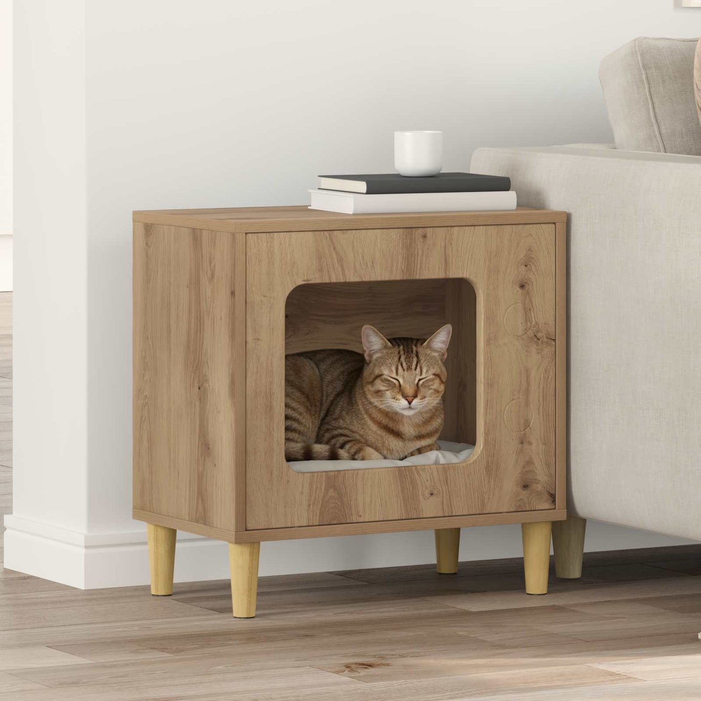 Kattenhuis Ambachtelijk eiken 51 x 30 x 52 cm Bewerkt hout is nu te koop bij PeponiXL, paradijselijk wonen!