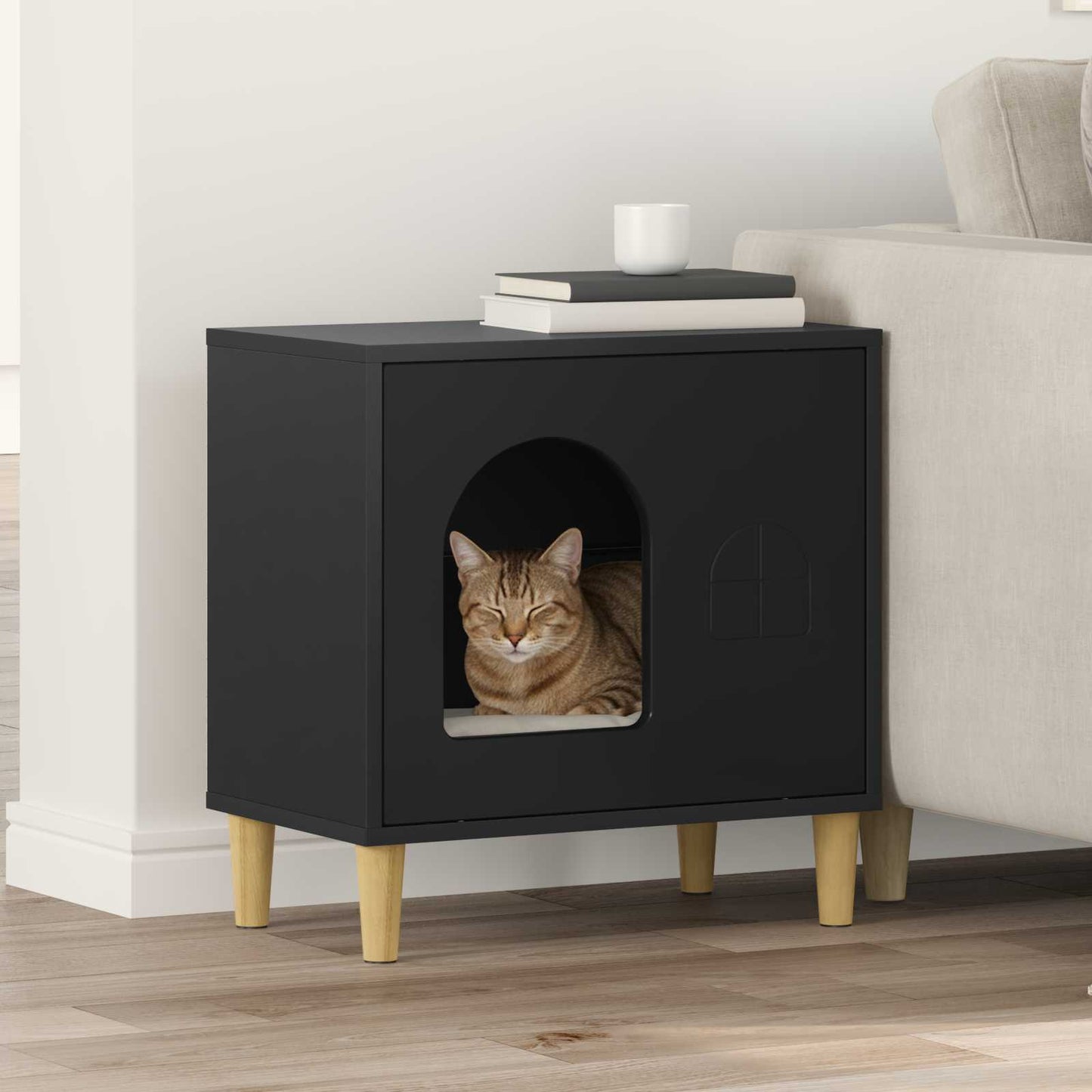 Kattenhuis Zwart 51 x 30 x 52 cm Bewerkt hout is nu te koop bij PeponiXL, paradijselijk wonen!