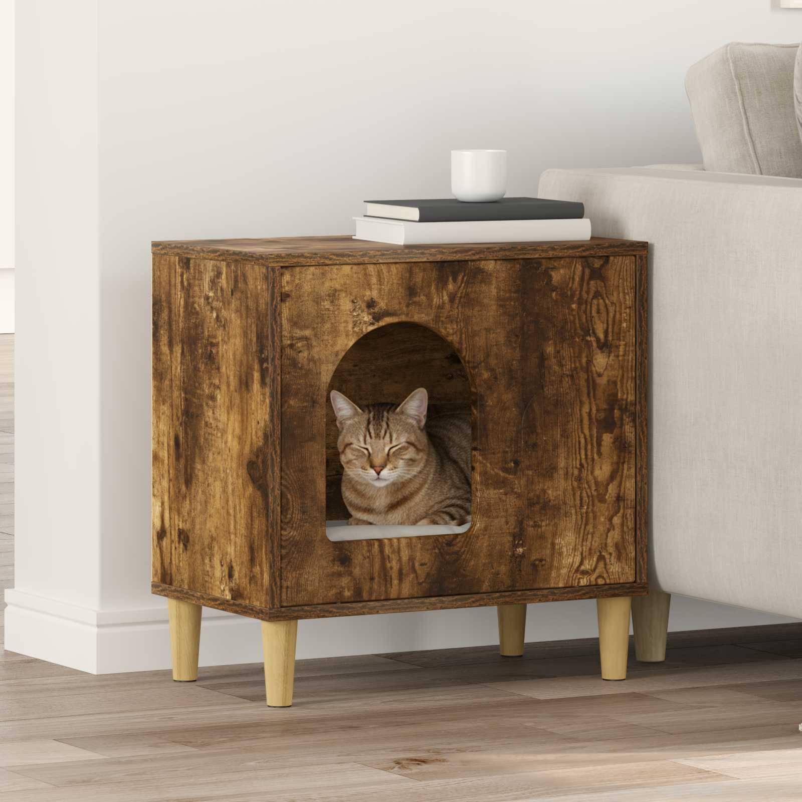 Kattenhuis Gerookt eiken 51 x 30 x 52 cm Bewerkt hout is nu te koop bij PeponiXL, paradijselijk wonen!