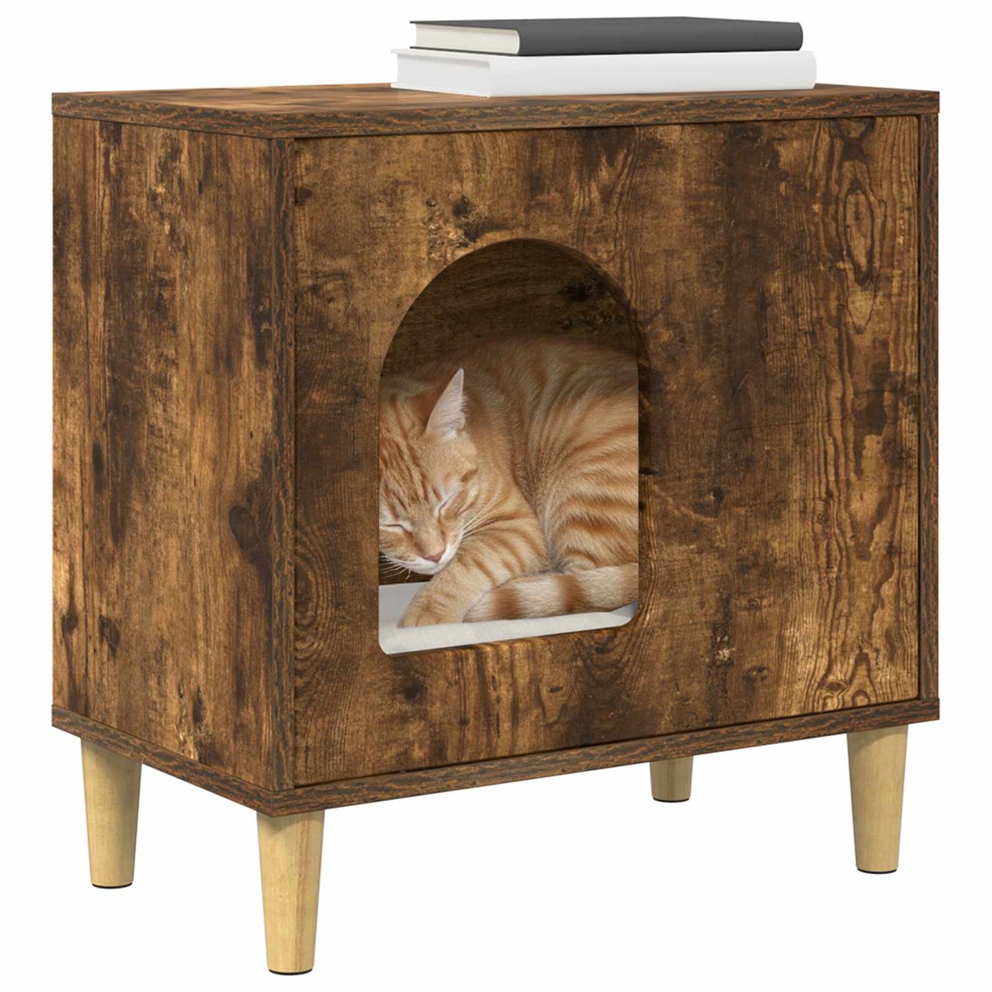 Kattenhuis Gerookt eiken 51 x 30 x 52 cm Bewerkt hout is nu te koop bij PeponiXL, paradijselijk wonen!