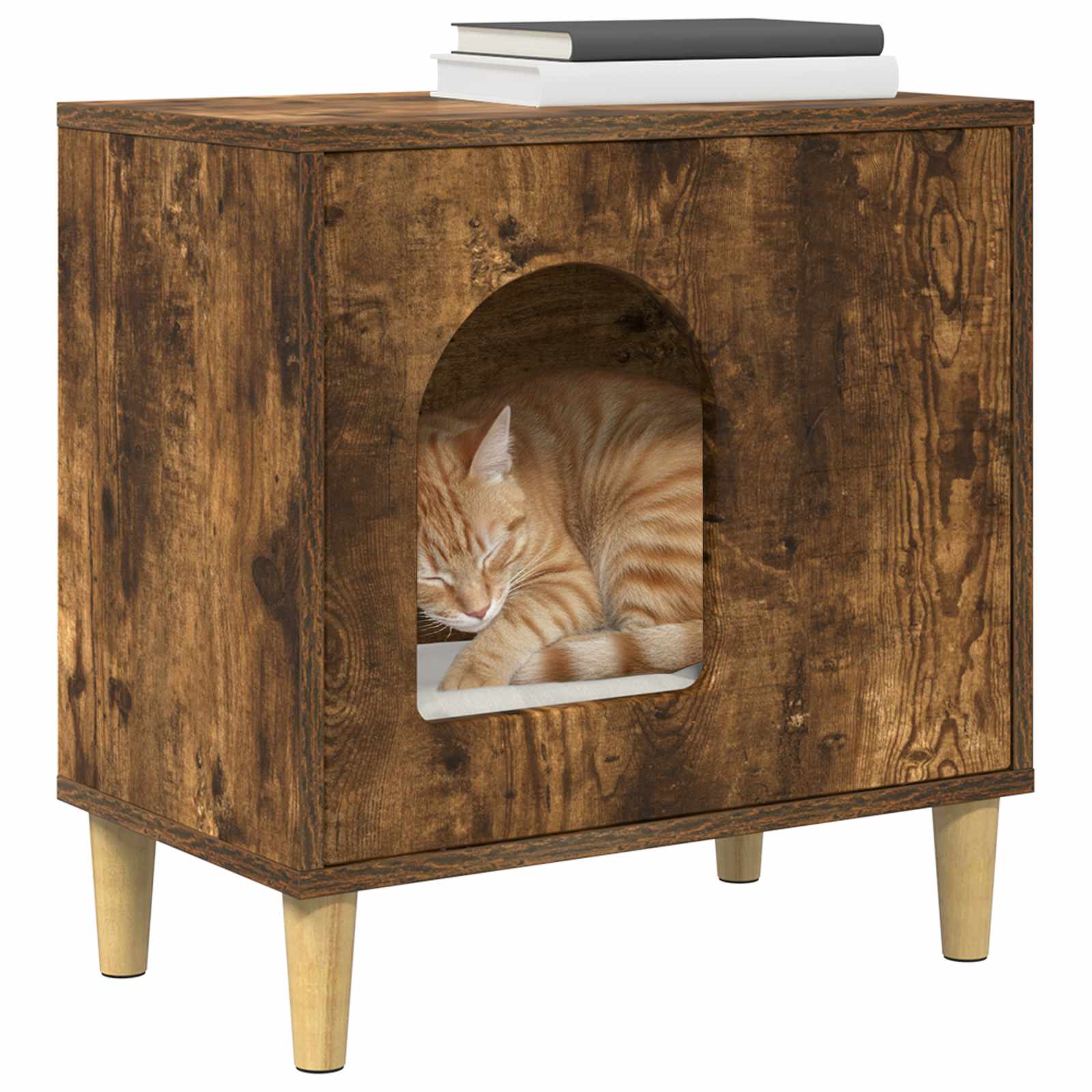 Kattenhuis Gerookt eiken 51 x 30 x 52 cm Bewerkt hout is nu te koop bij PeponiXL, paradijselijk wonen!
