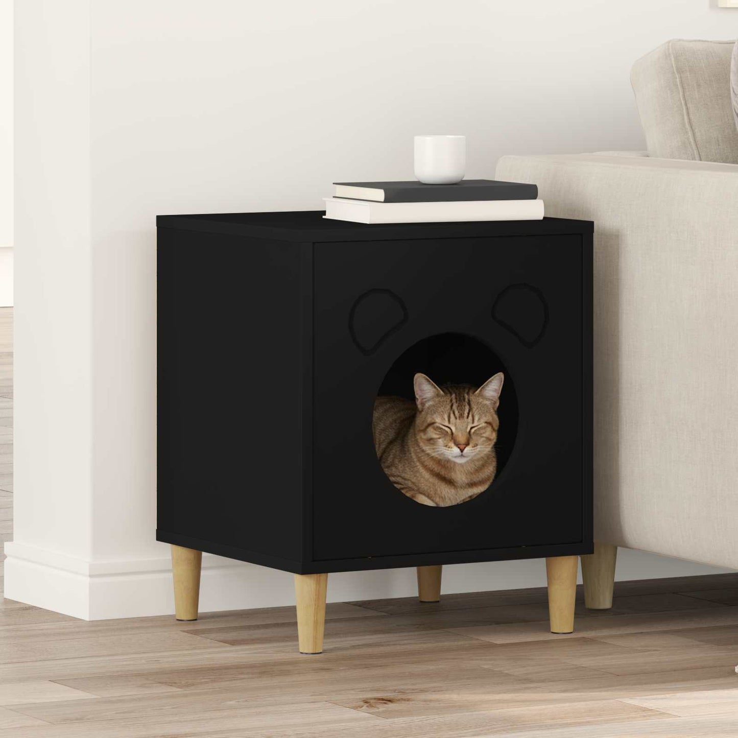 Kattenhuis Zwart 42,5 x 40 x 53 cm Bewerkt hout is nu te koop bij PeponiXL, paradijselijk wonen!