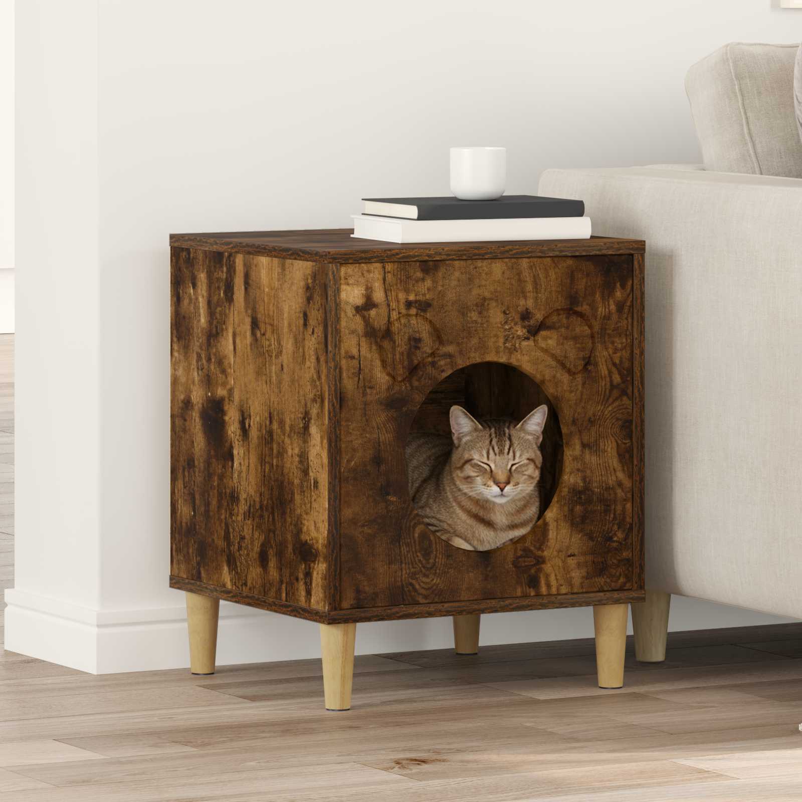 Kattenhuis Gerookt eiken 42,5 x 40 x 53 cm Bewerkt hout is nu te koop bij PeponiXL, paradijselijk wonen!