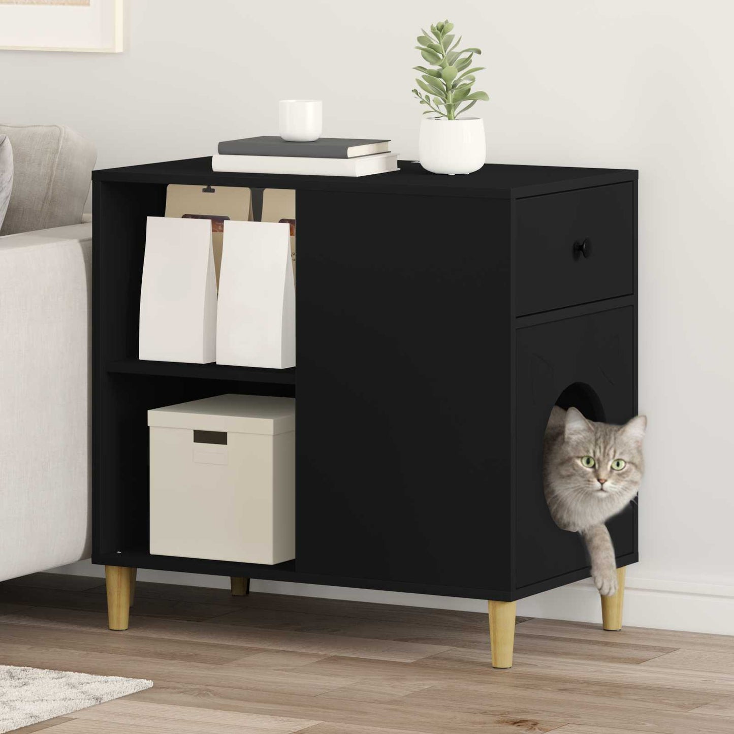 Kattenhuis Zwart 72 x 42,5 x 70 cm Bewerkt hout is nu te koop bij PeponiXL, paradijselijk wonen!