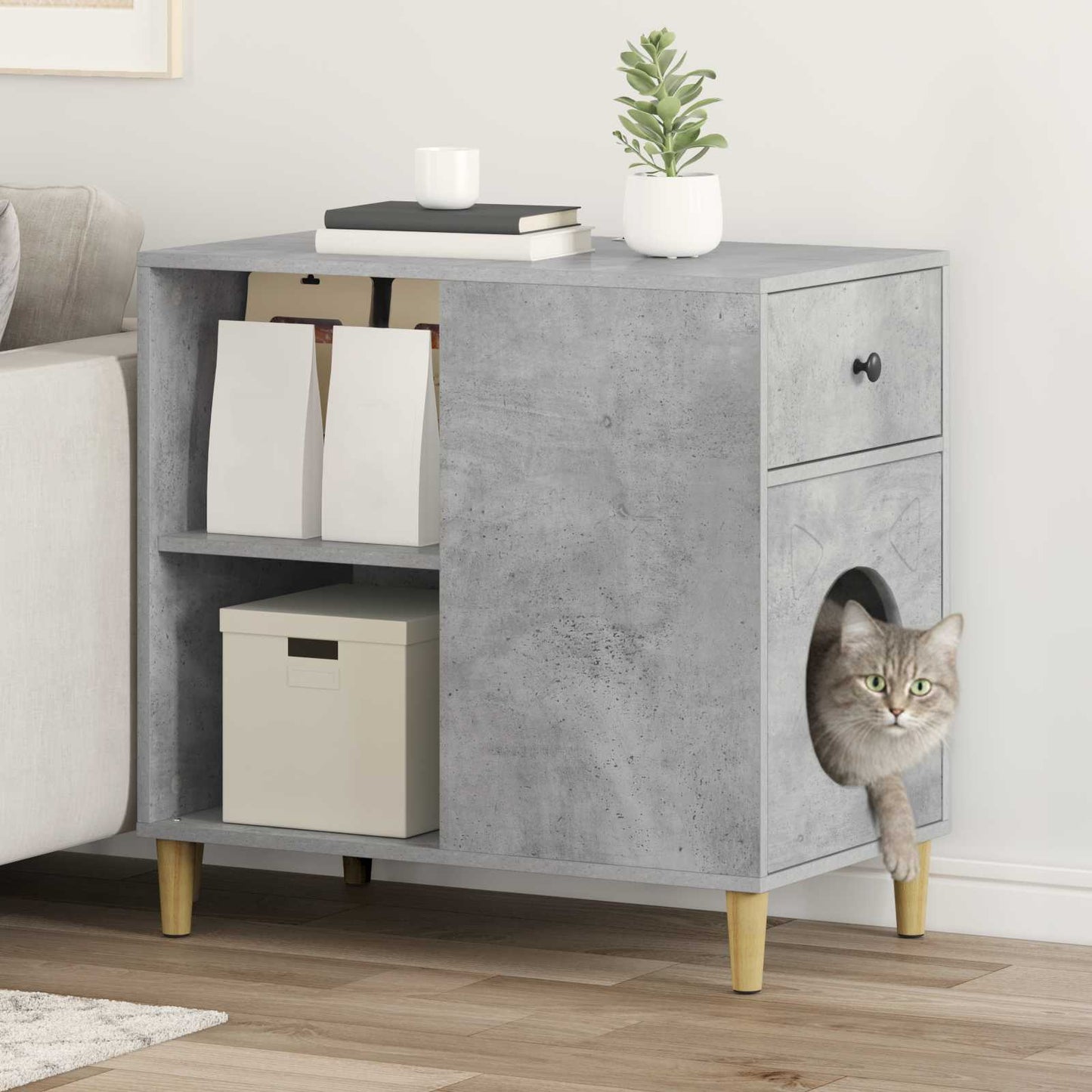 Kattenhuis Beton 72 x 42,5 x 70 cm Bewerkt hout is nu te koop bij PeponiXL, paradijselijk wonen!