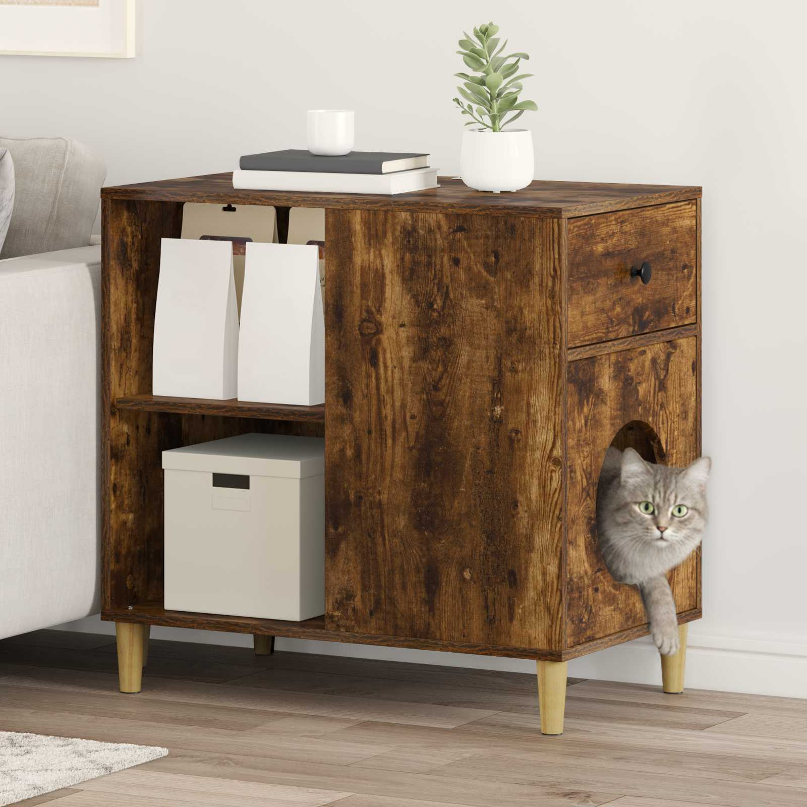 Kattenhuis Gerookt eiken 72 x 42,5 x 70 cm Bewerkt hout is nu te koop bij PeponiXL, paradijselijk wonen!