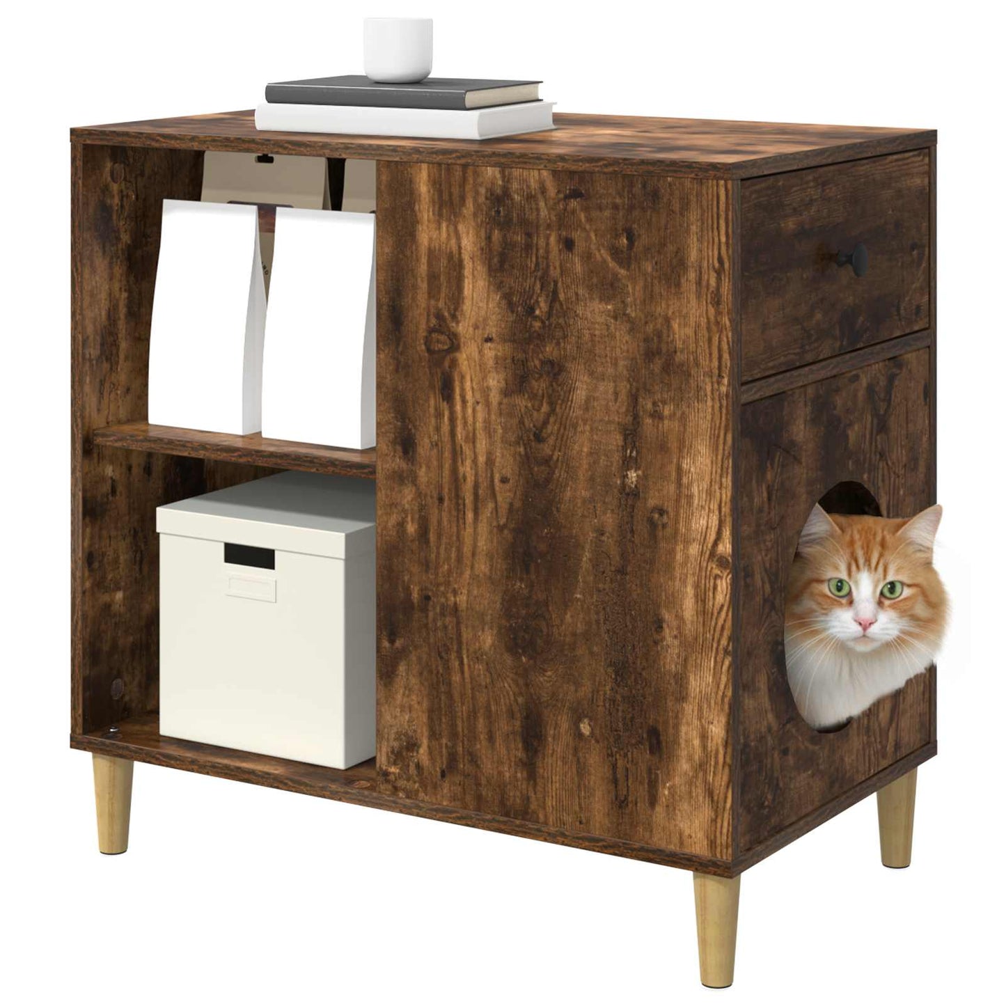 Kattenhuis Gerookt eiken 72 x 42,5 x 70 cm Bewerkt hout is nu te koop bij PeponiXL, paradijselijk wonen!