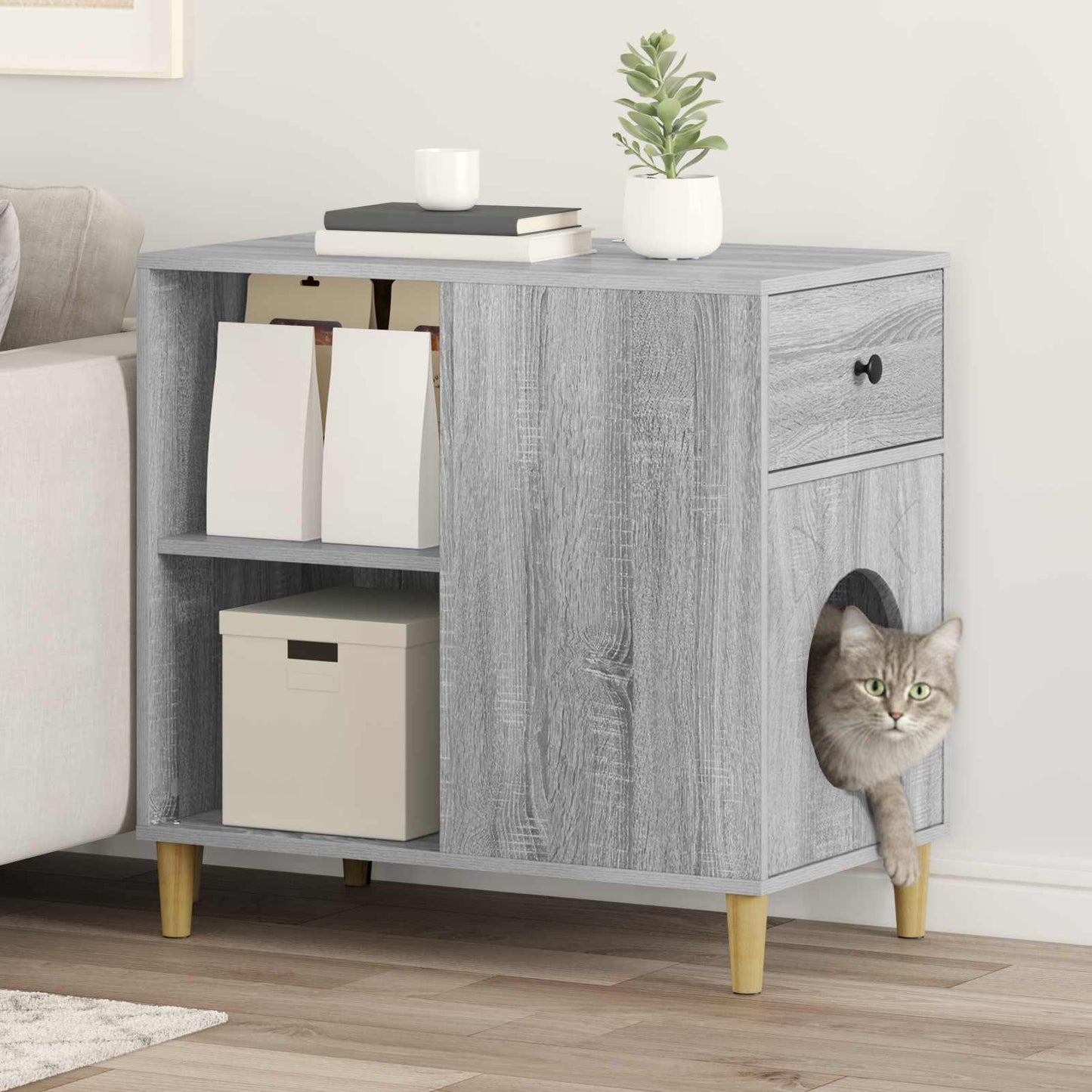 Kattenhuis Grijs Sonoma 72 x 42,5 x 70 cm Bewerkt hout is nu te koop bij PeponiXL, paradijselijk wonen!