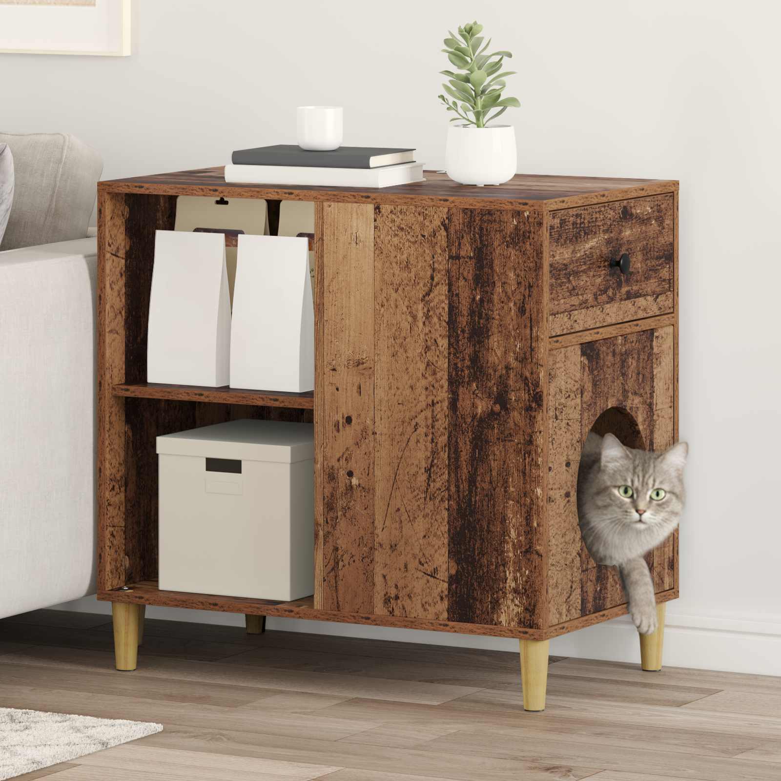Kattenhuis Oudhout 72 x 42,5 x 70 cm Bewerkt hout is nu te koop bij PeponiXL, paradijselijk wonen!