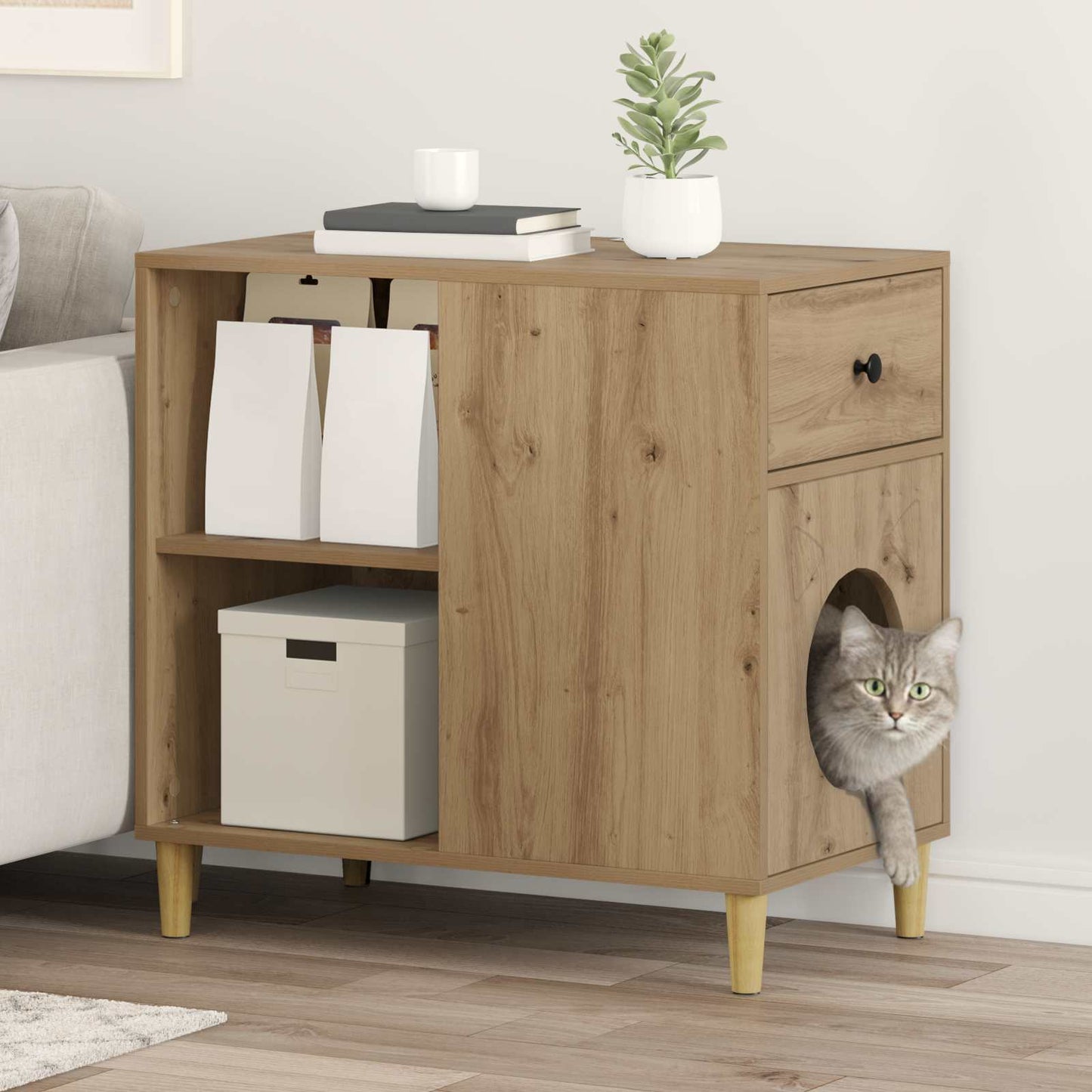 Kattenhuis Ambachtelijk eiken 72 x 42,5 x 70 cm Bewerkt hout is nu te koop bij PeponiXL, paradijselijk wonen!