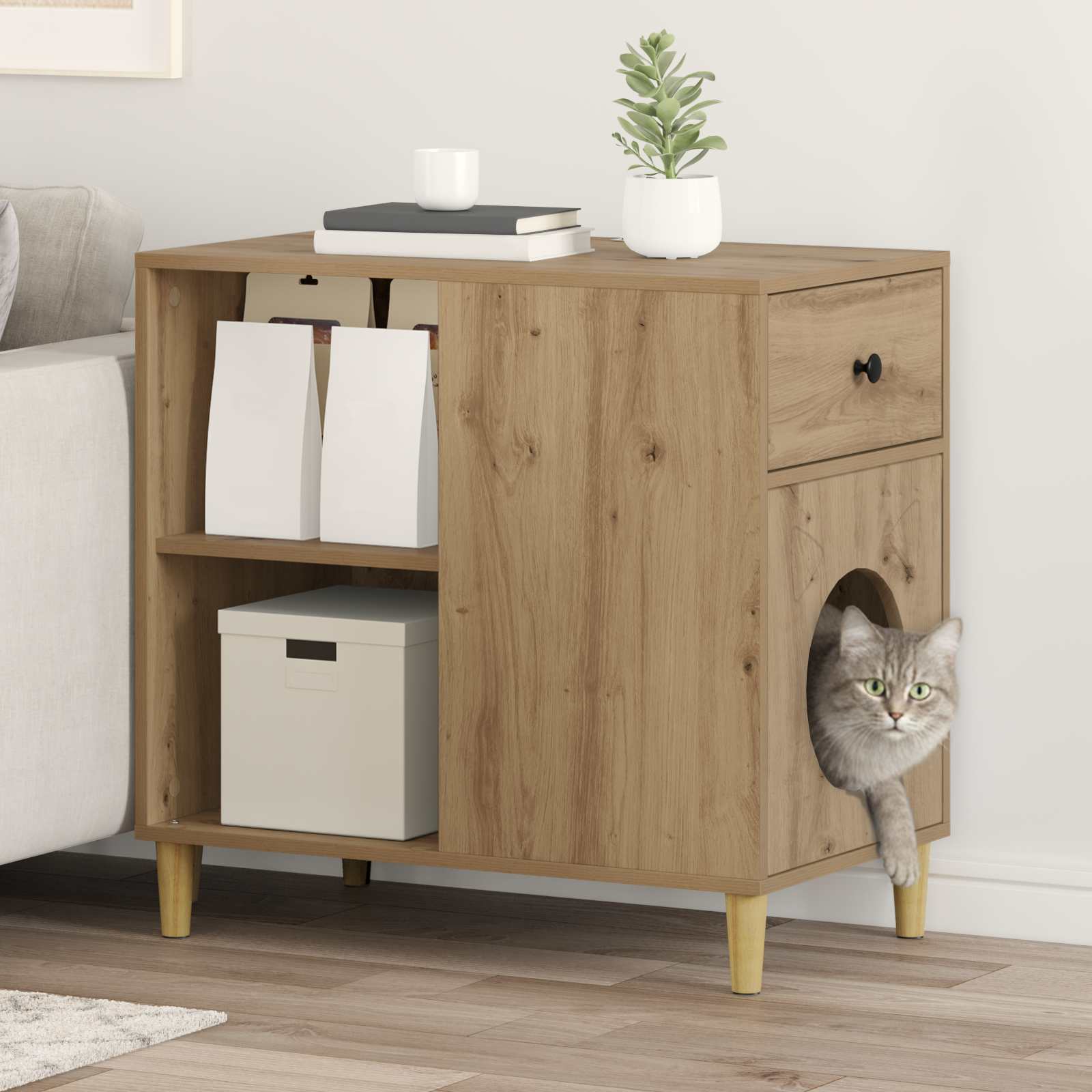 Kattenhuis Ambachtelijk eiken 72 x 42,5 x 70 cm Bewerkt hout is nu te koop bij PeponiXL, paradijselijk wonen!