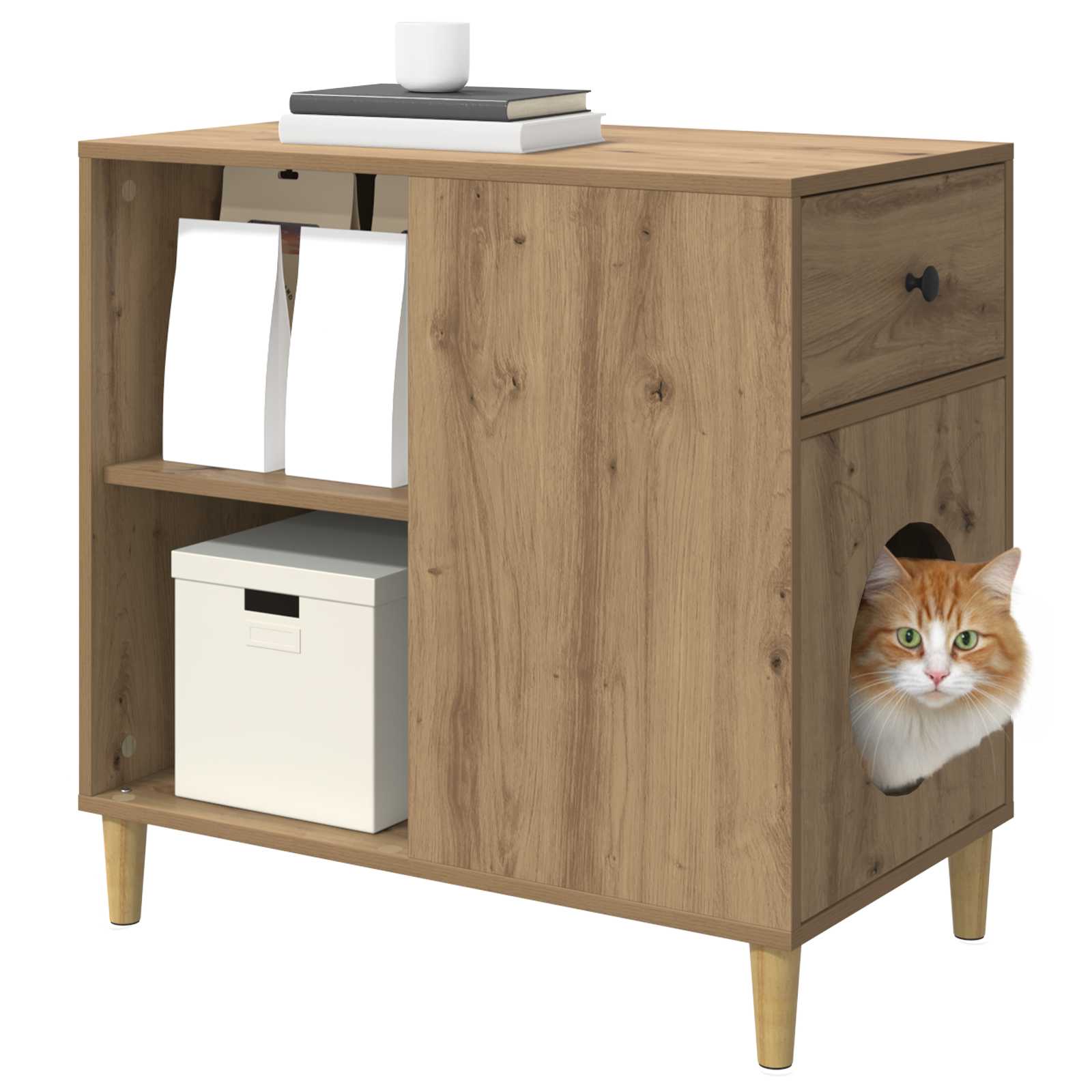 Kattenhuis Ambachtelijk eiken 72 x 42,5 x 70 cm Bewerkt hout is nu te koop bij PeponiXL, paradijselijk wonen!