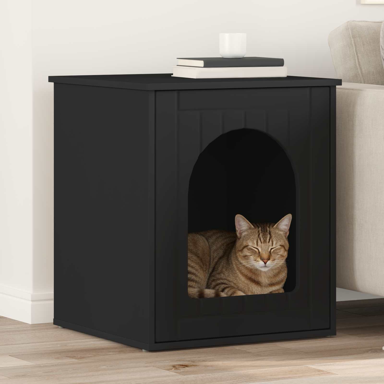 Kattenhuis Zwart 53 x 52 x 62 cm Bewerkt hout is nu te koop bij PeponiXL, paradijselijk wonen!