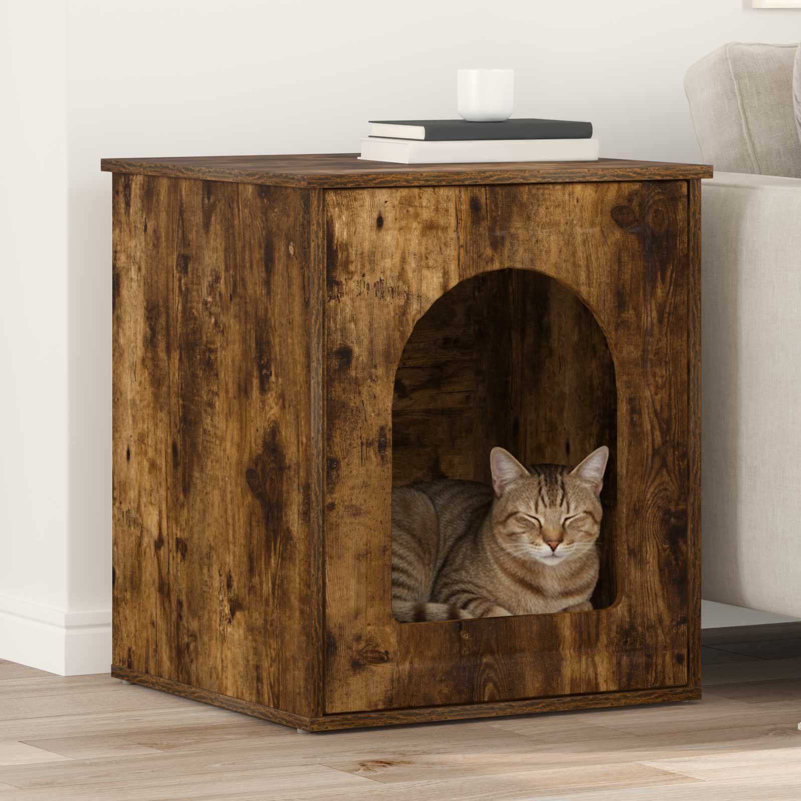 Kattenhuis Gerookt eiken 53 x 52 x 62 cm Bewerkt hout is nu te koop bij PeponiXL, paradijselijk wonen!